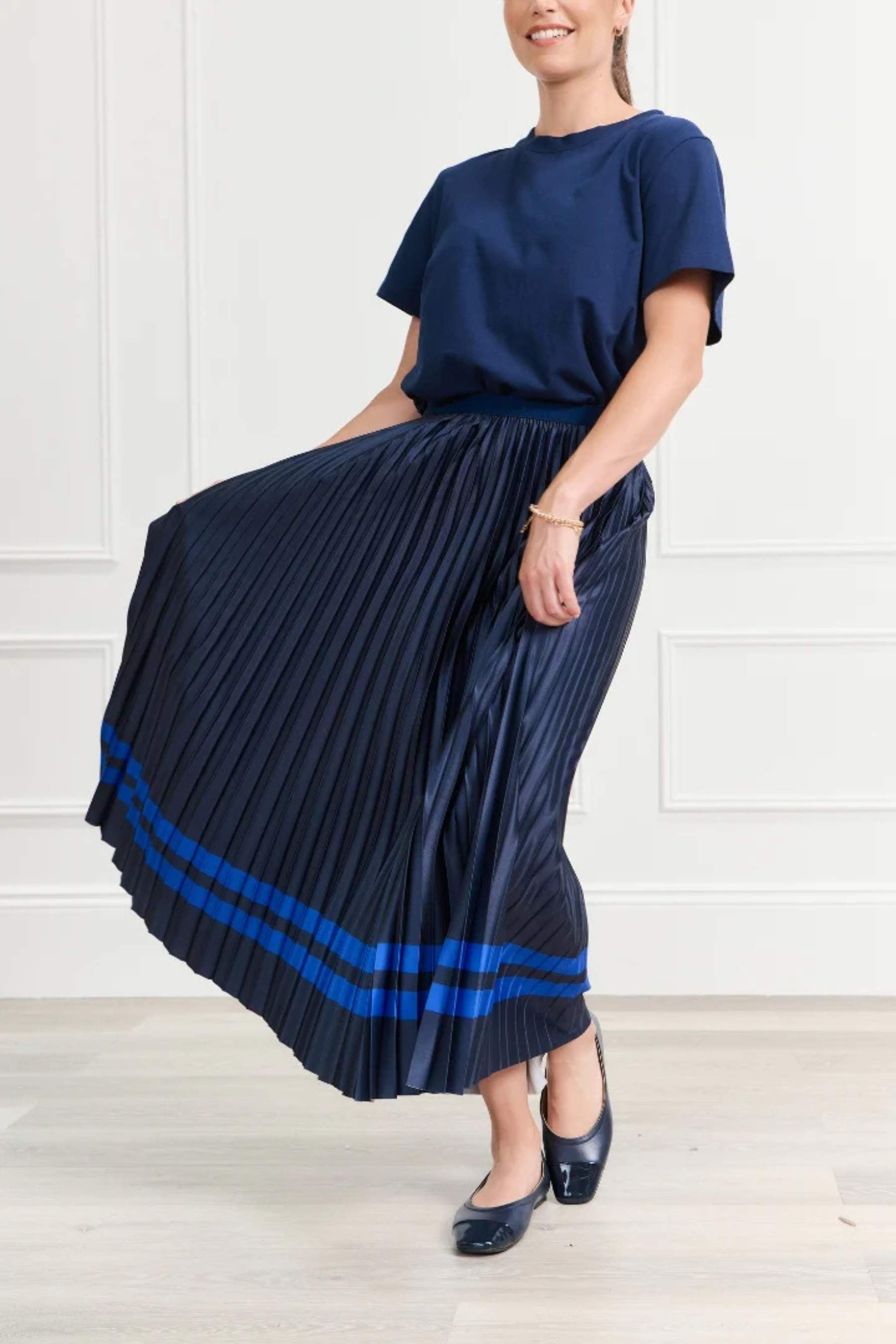Royal Stripe Pleat Skirt | Navy