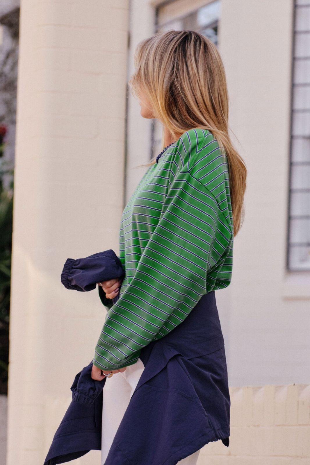 Beau Long Sleeve Slouchy Tee | Basil/Prussian Blue Stripe