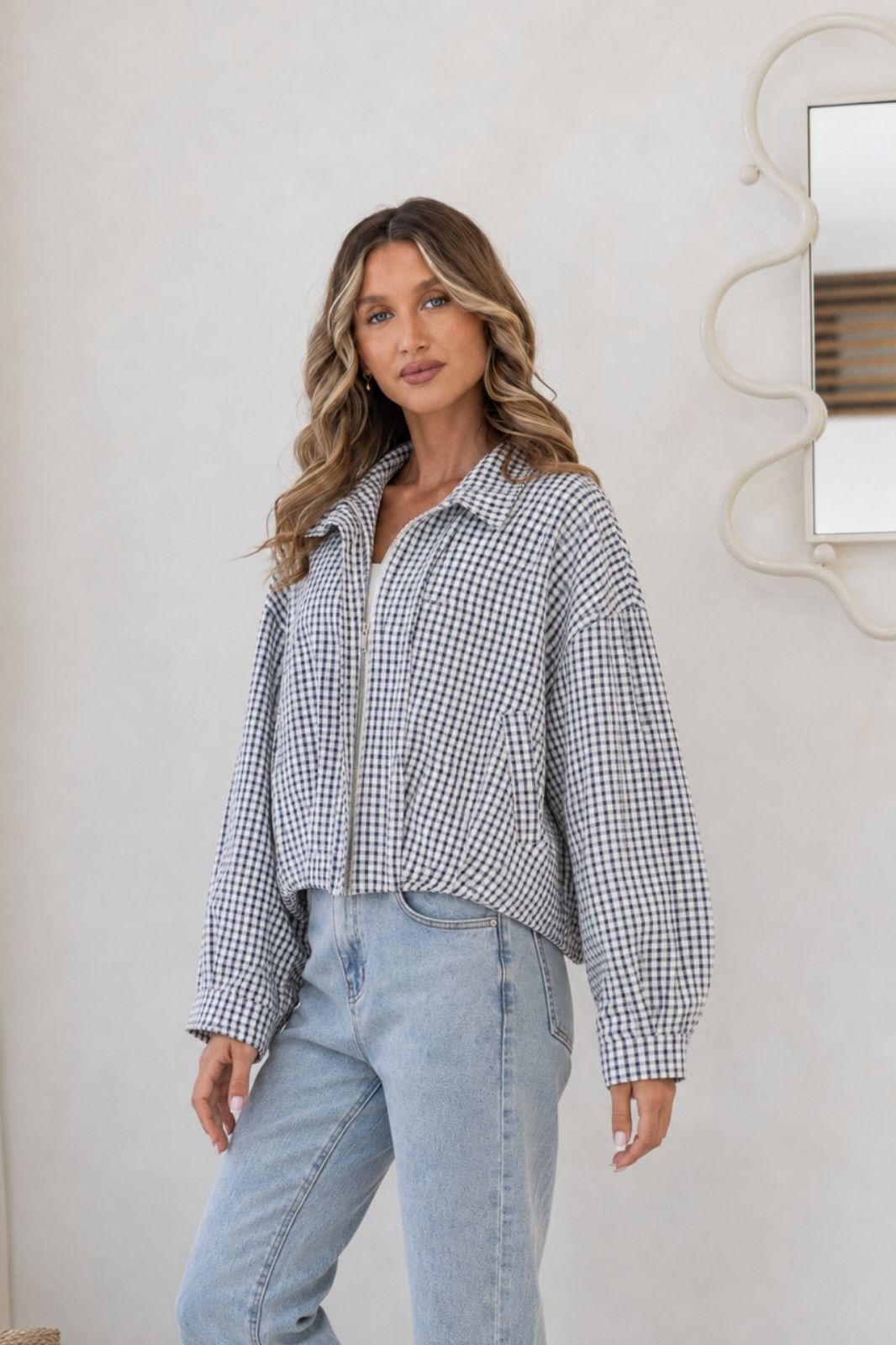 Gingham Drawstring Jacket | Navy