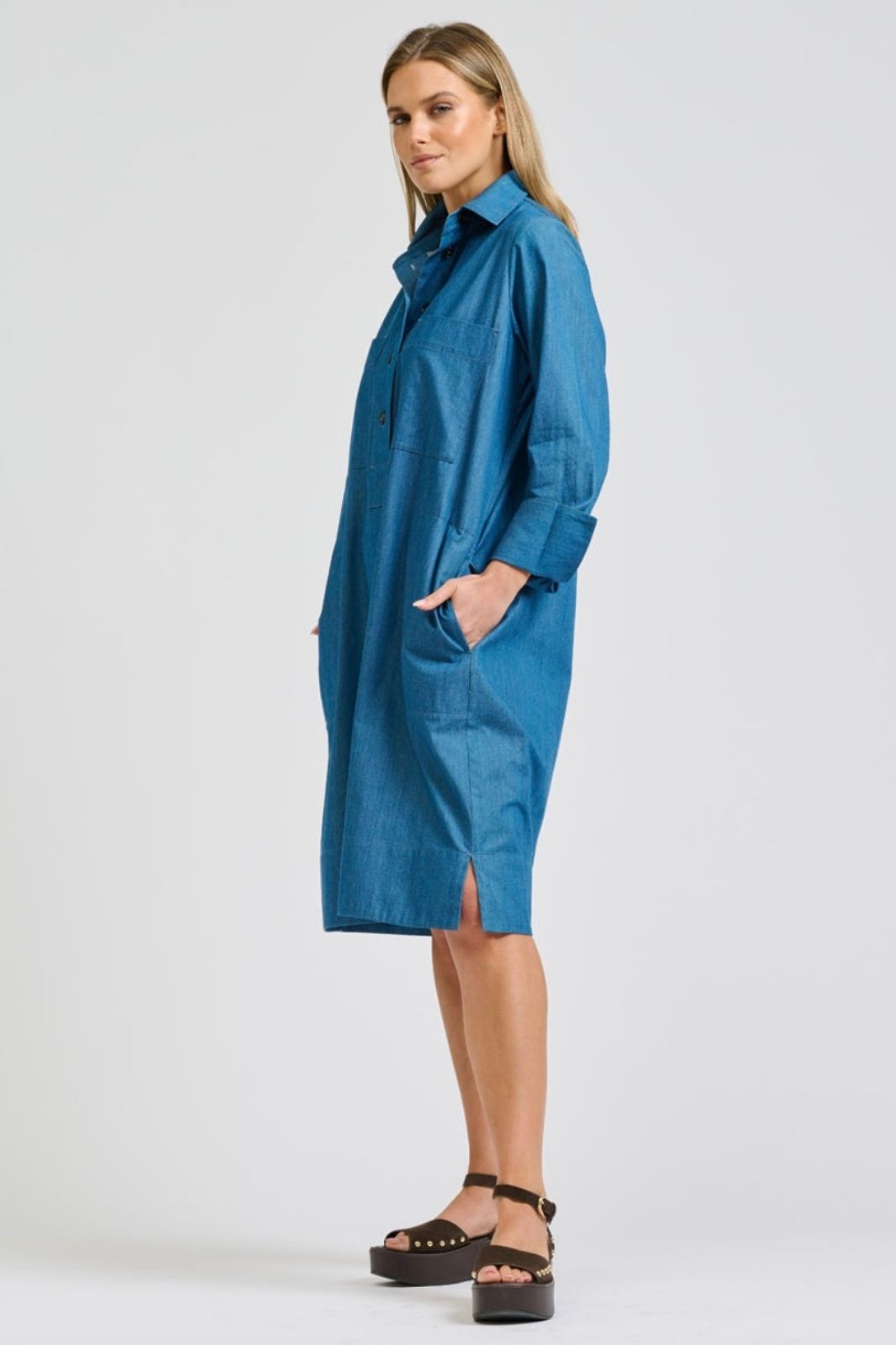 Jane Utility Popover Dress | Washed Denim
