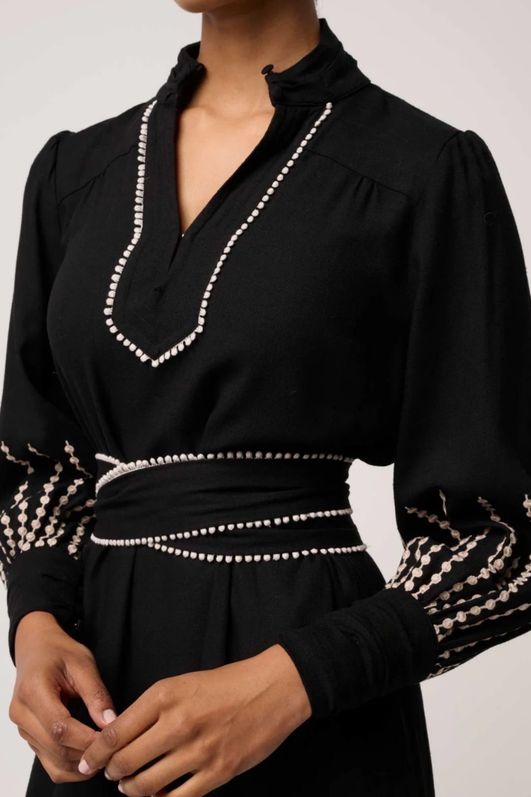 Edith Linen Viscose Embroidered Midi Dress | Black