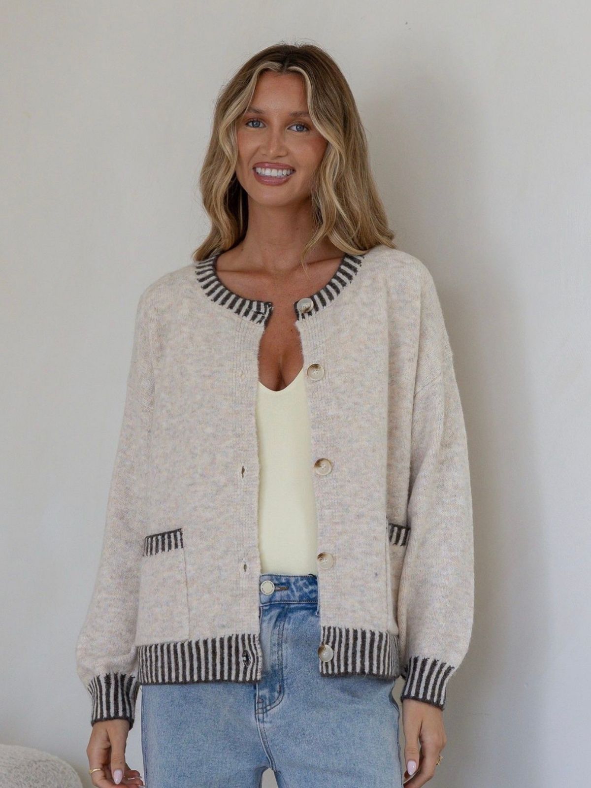 Macie Blanket Stitch Cardi | Beige/Chocolate