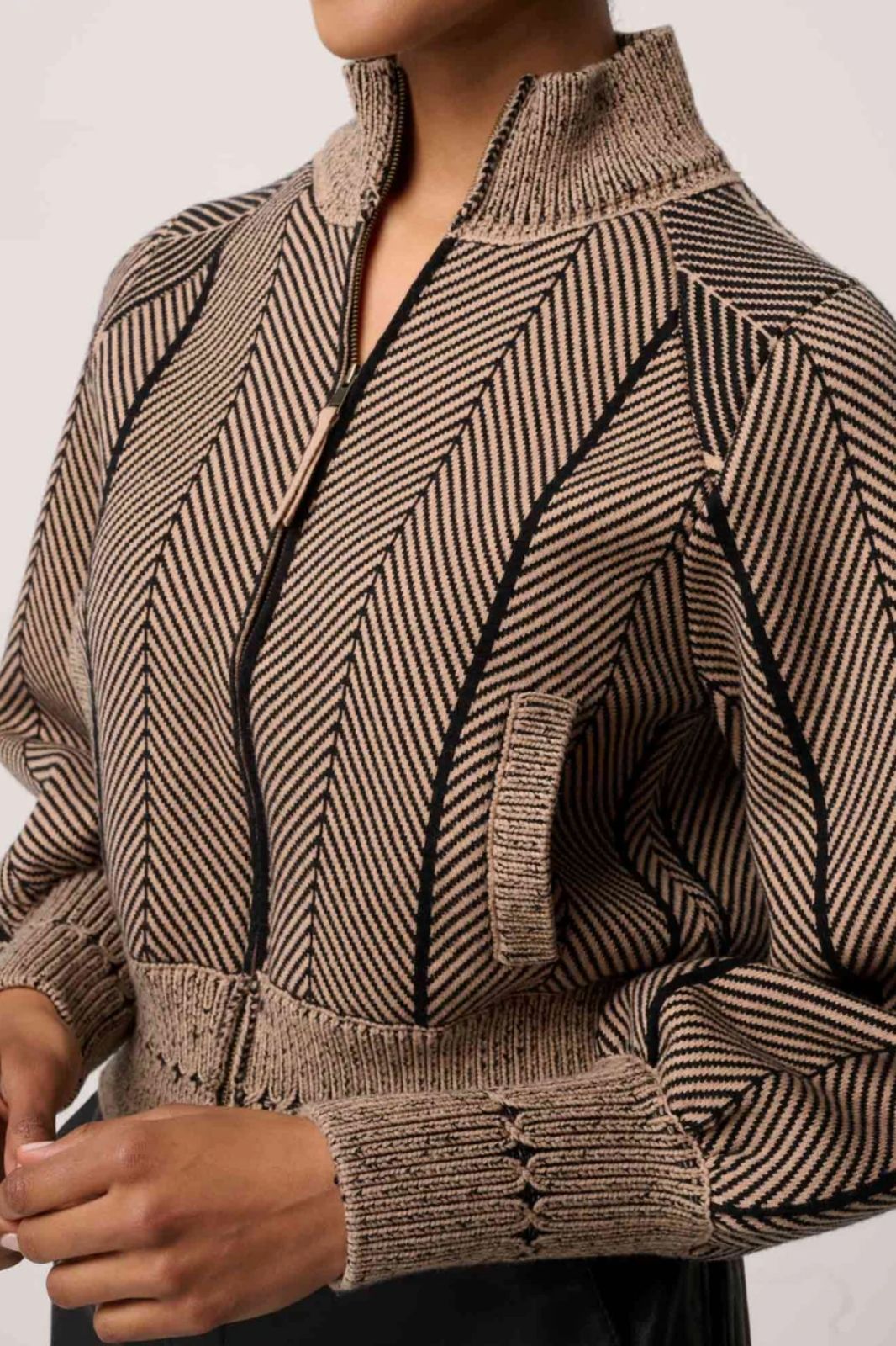 Jeanne Wool Blend Textured Knit Bomber Jacket | Tan Chevron