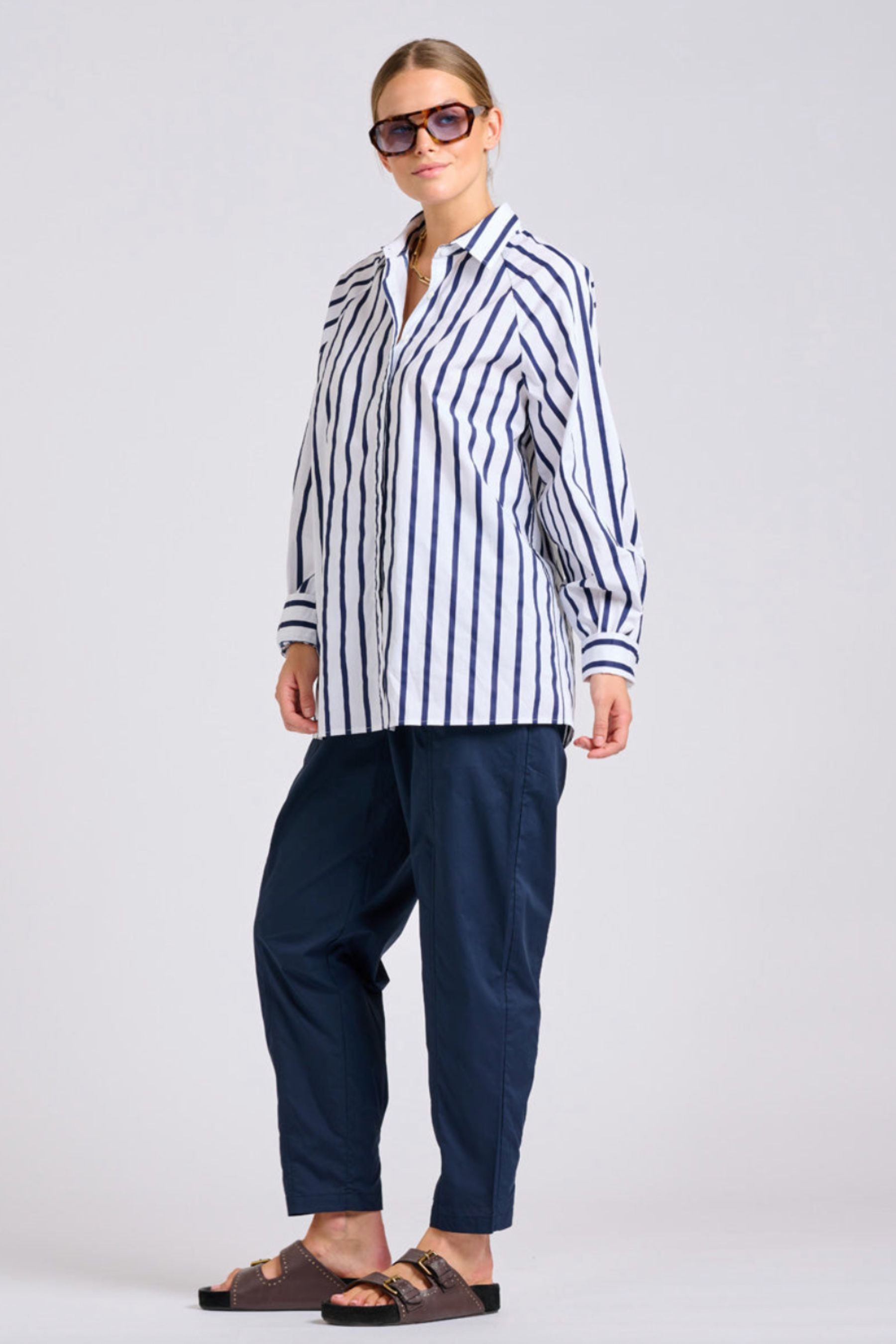 The Gigi Relaxed Shirt | White With Navy Stripe