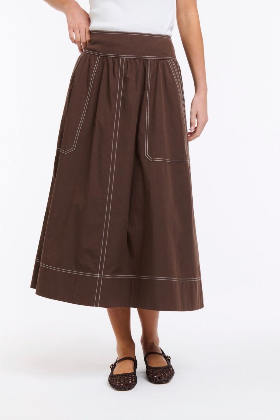 Marion Cotton Skirt | Choc/White Stitching