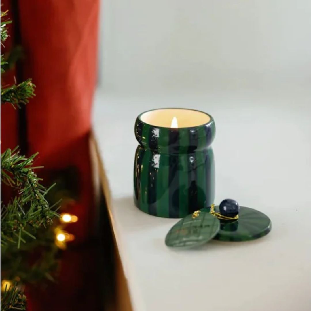 Cabana Green/Navy Striped Ceramic Candle | Balsam Fir