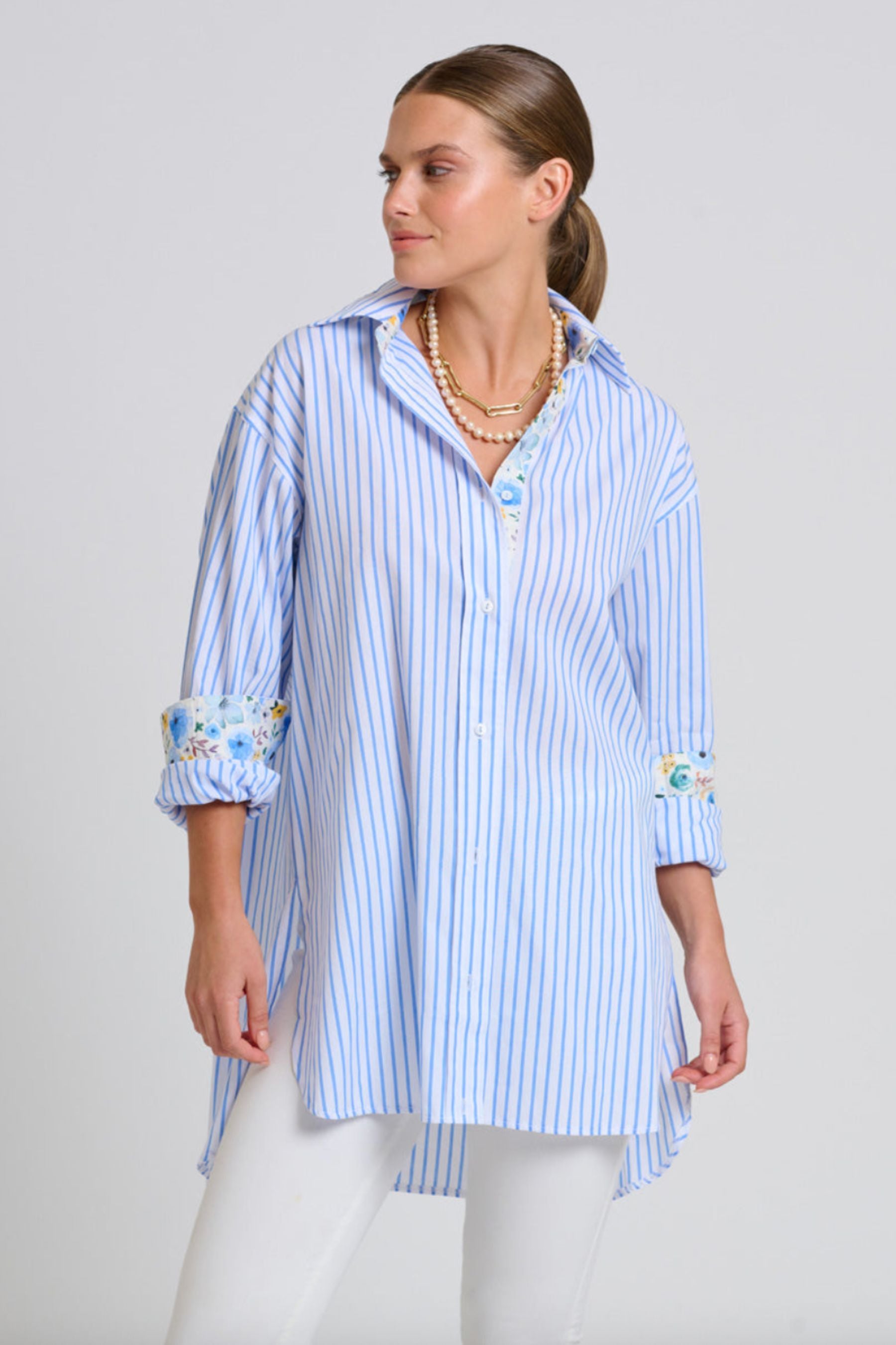 The Boyfriend Shirt | White with Blue Stripe Floral Trim