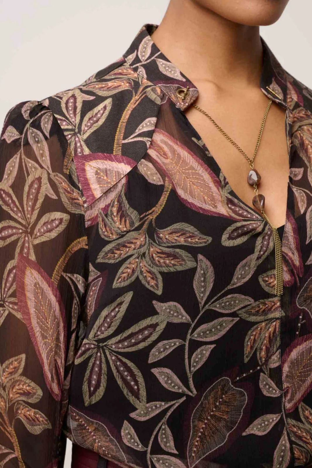 Freya Sheer Viscose Blouse with Embellished Neck Detail | Dark Tropique