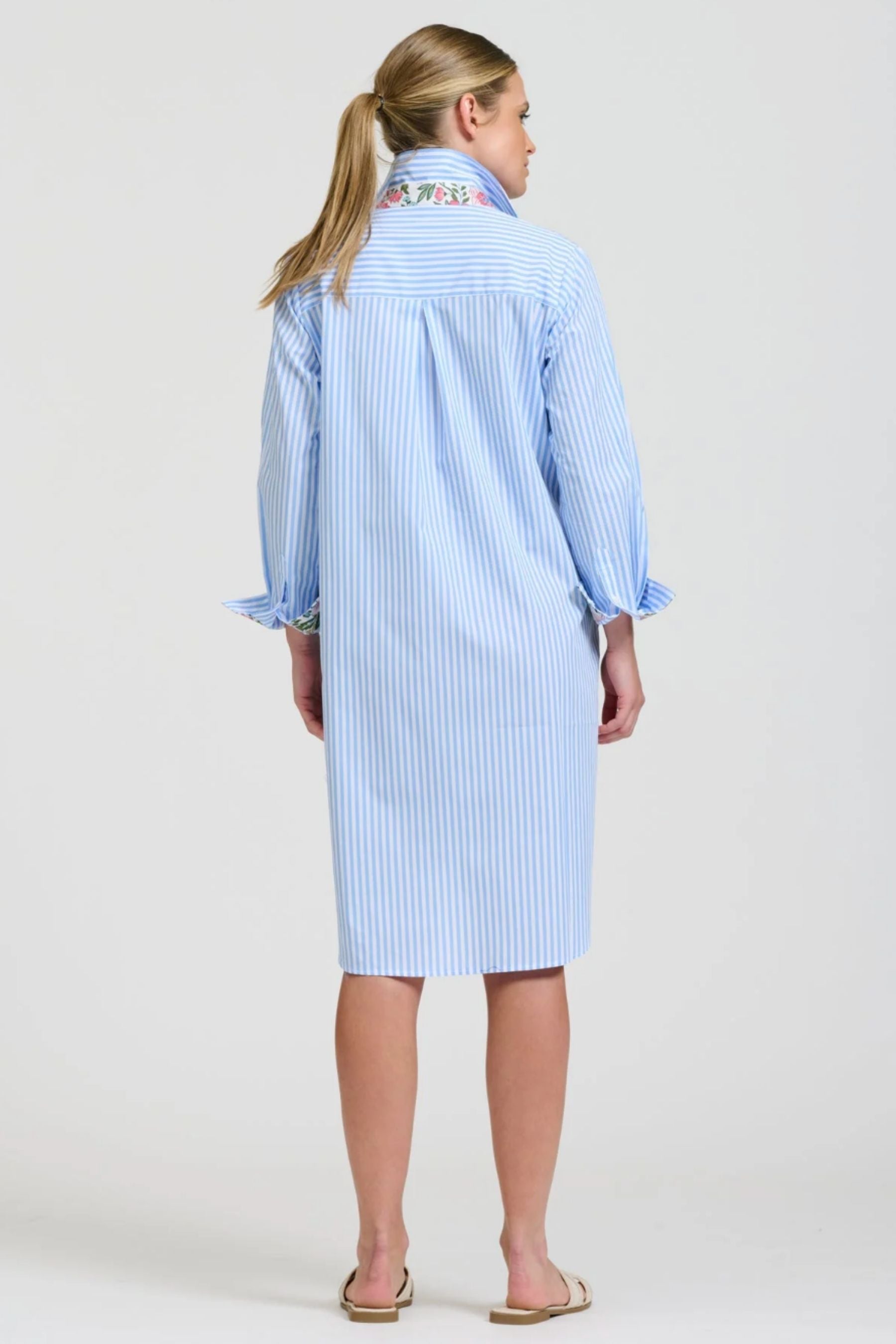 Popover Shirt Dress | Pale Blue Stripe/Floral Trim