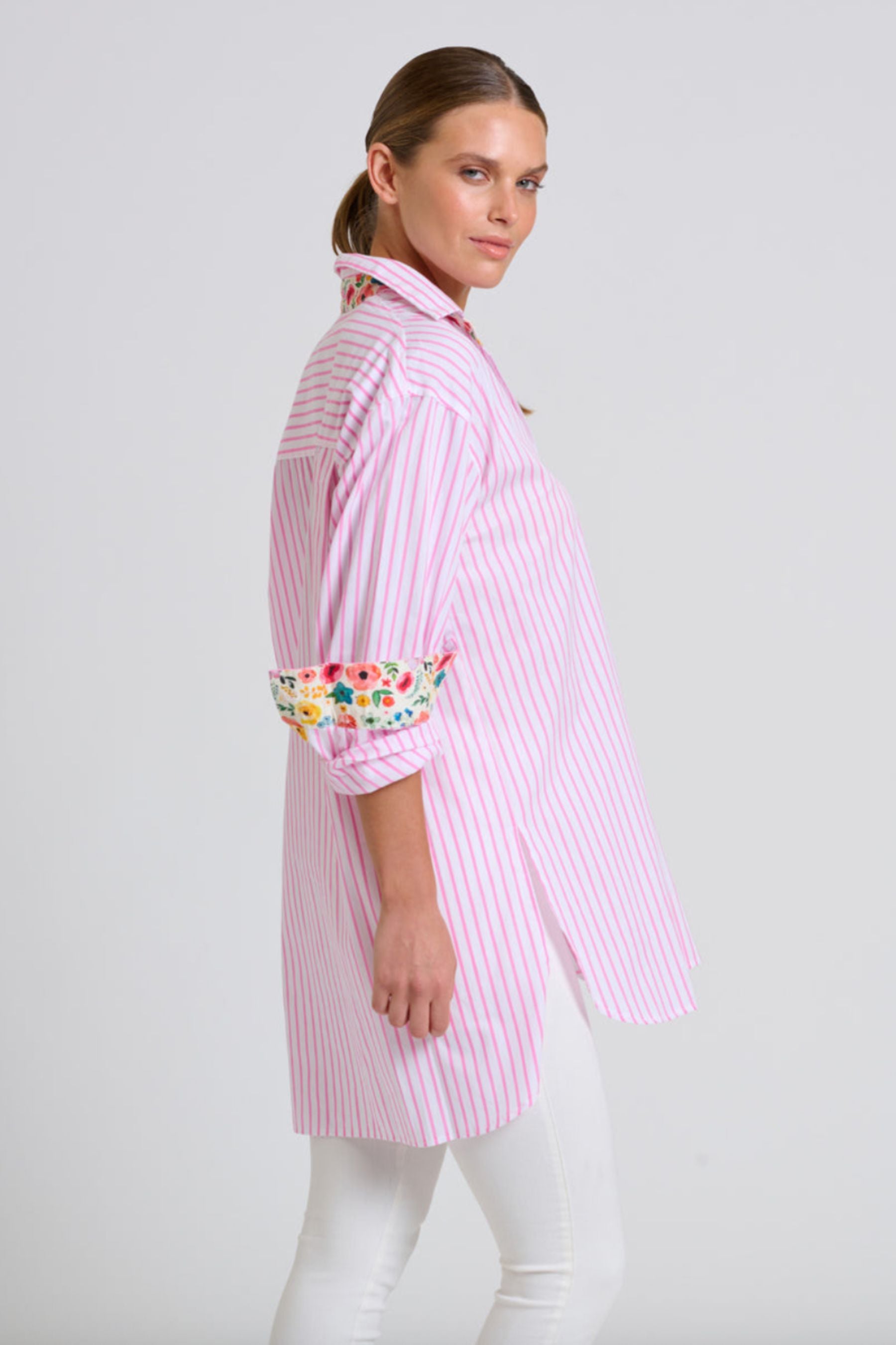 The Boyfriend Shirt | White with Pink Stripe Floral Trim