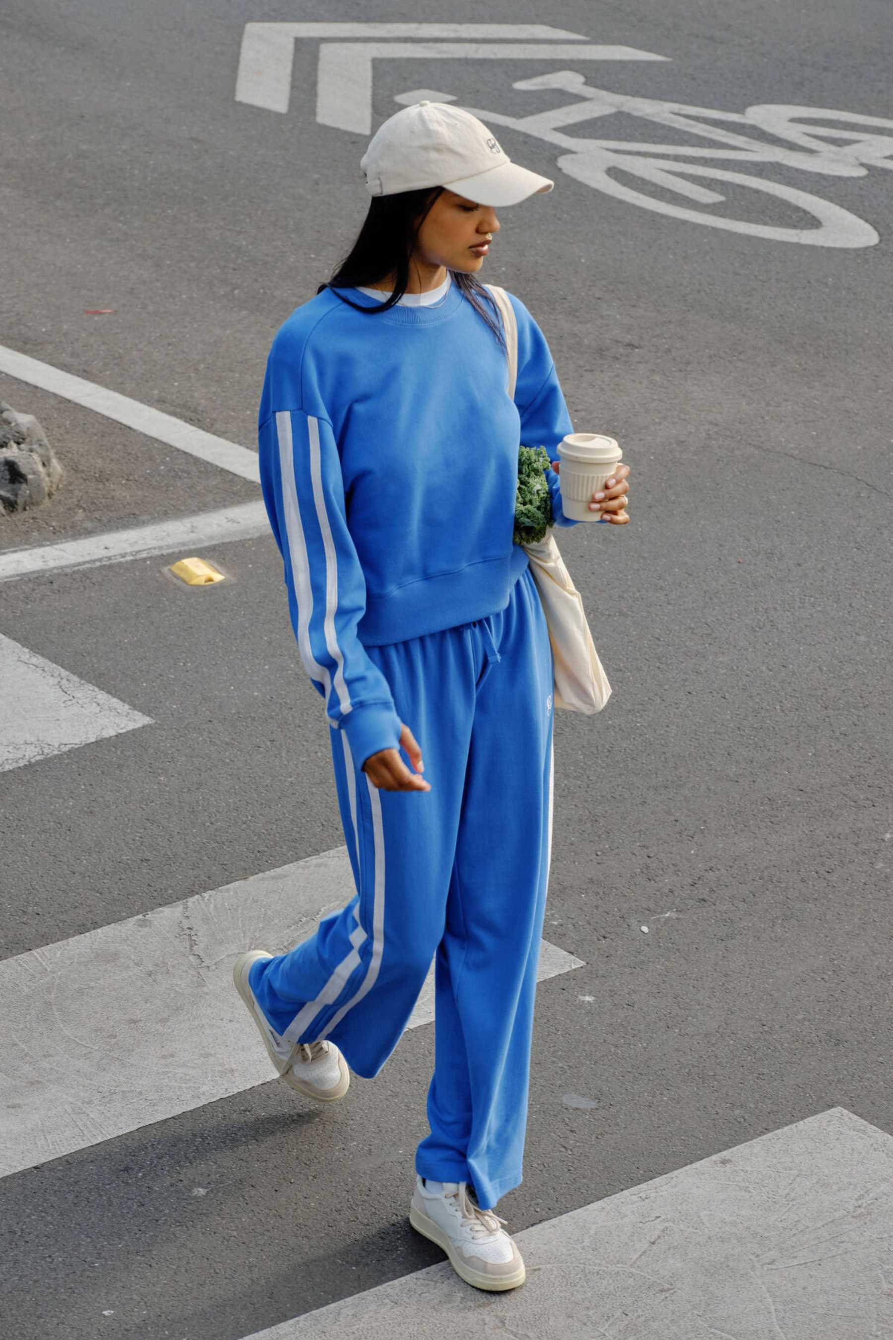 Sasha Sporty Slouchy Crew | Marine Blue Side Stripe