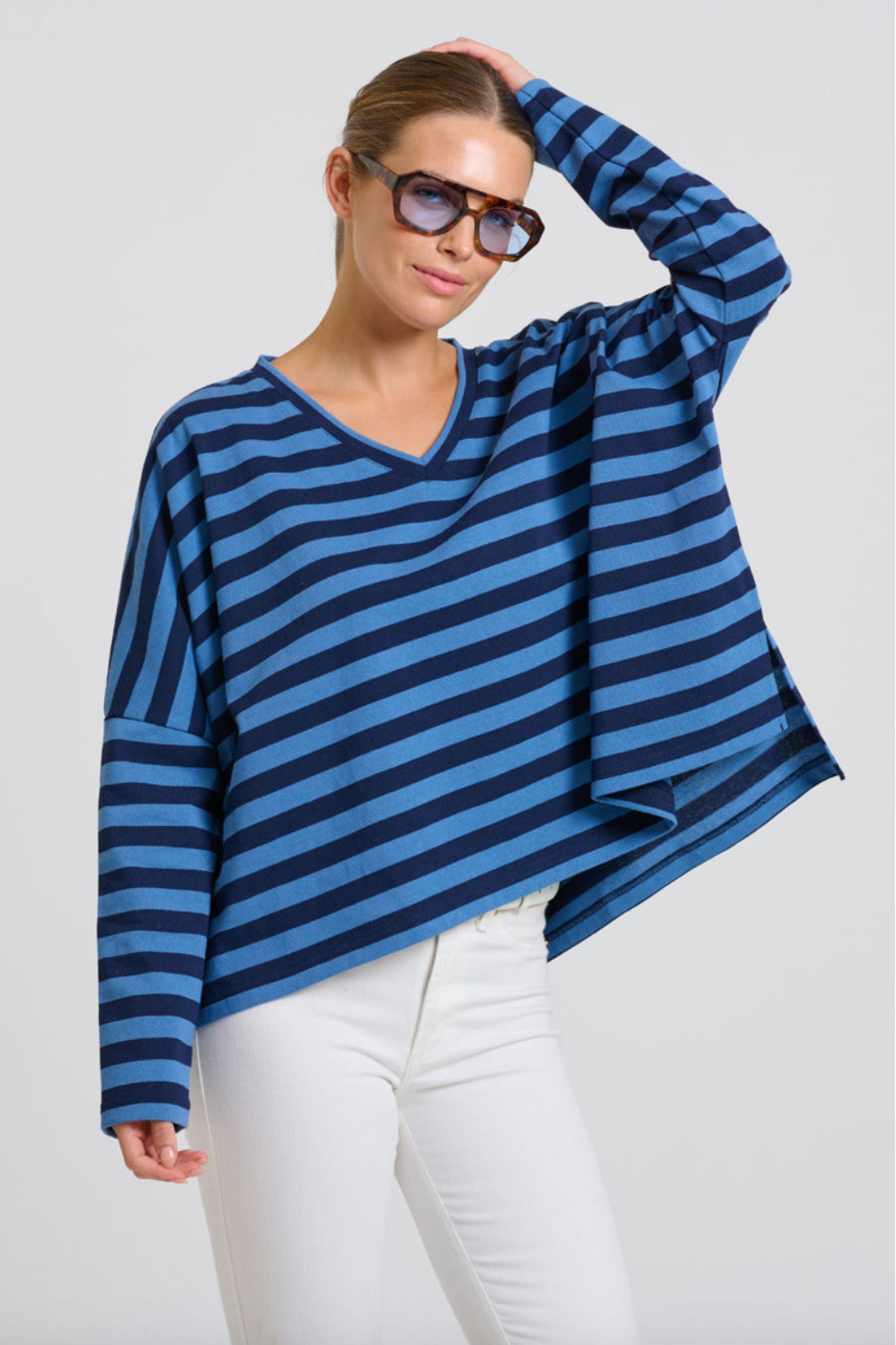 Breton V Neck Top | Navy Stripe