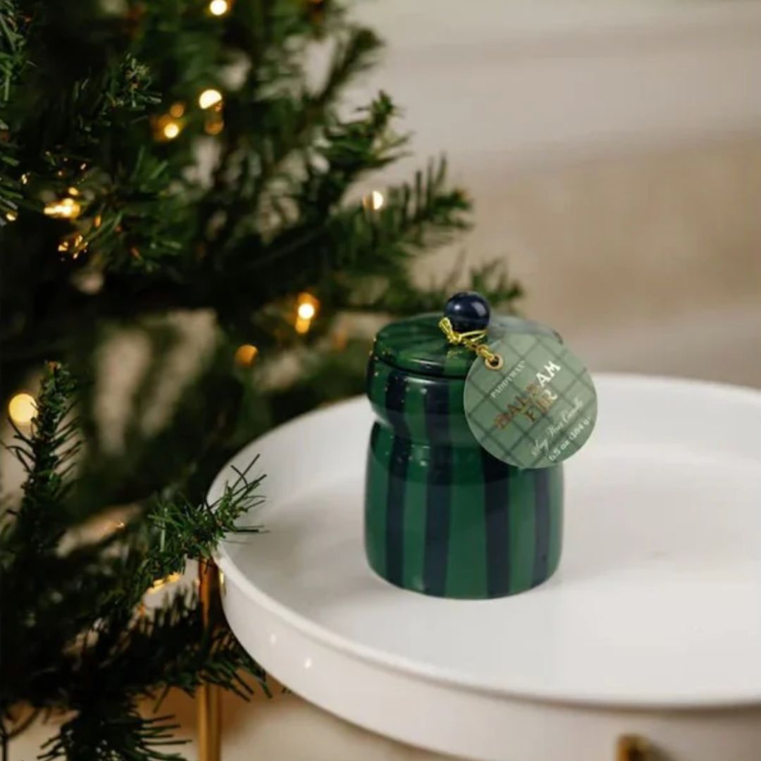 Cabana Green/Navy Striped Ceramic Candle | Balsam Fir