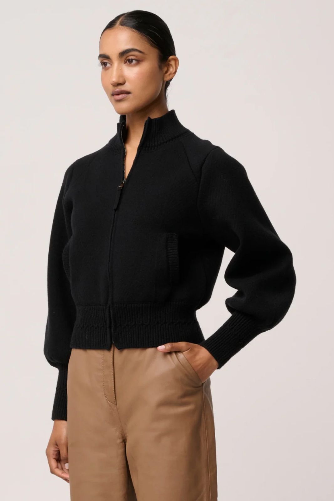 Jeanne Wool Blend Textured Knit Bomber Jacket | Black