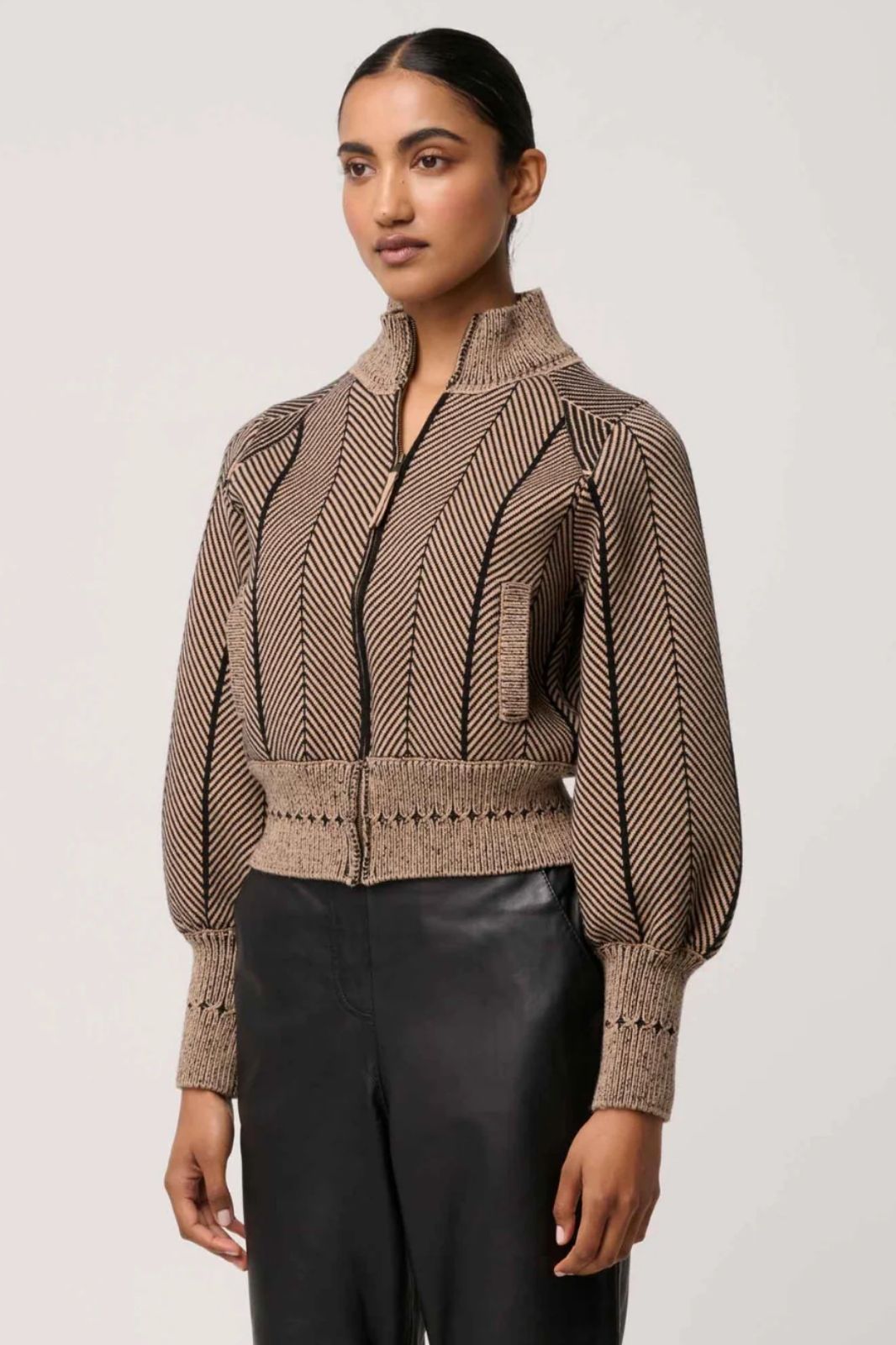 Jeanne Wool Blend Textured Knit Bomber Jacket | Tan Chevron