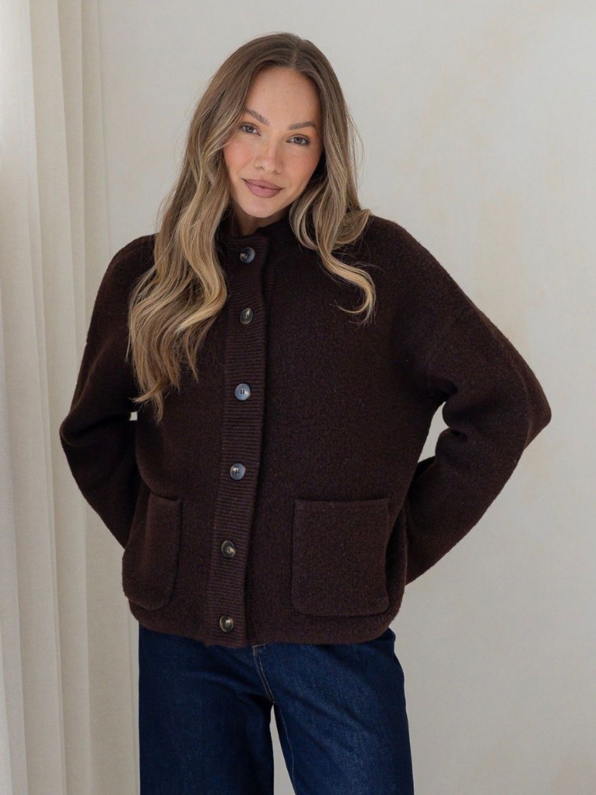 Funnel Neck Front Pocket  Cardi | Chocolate
