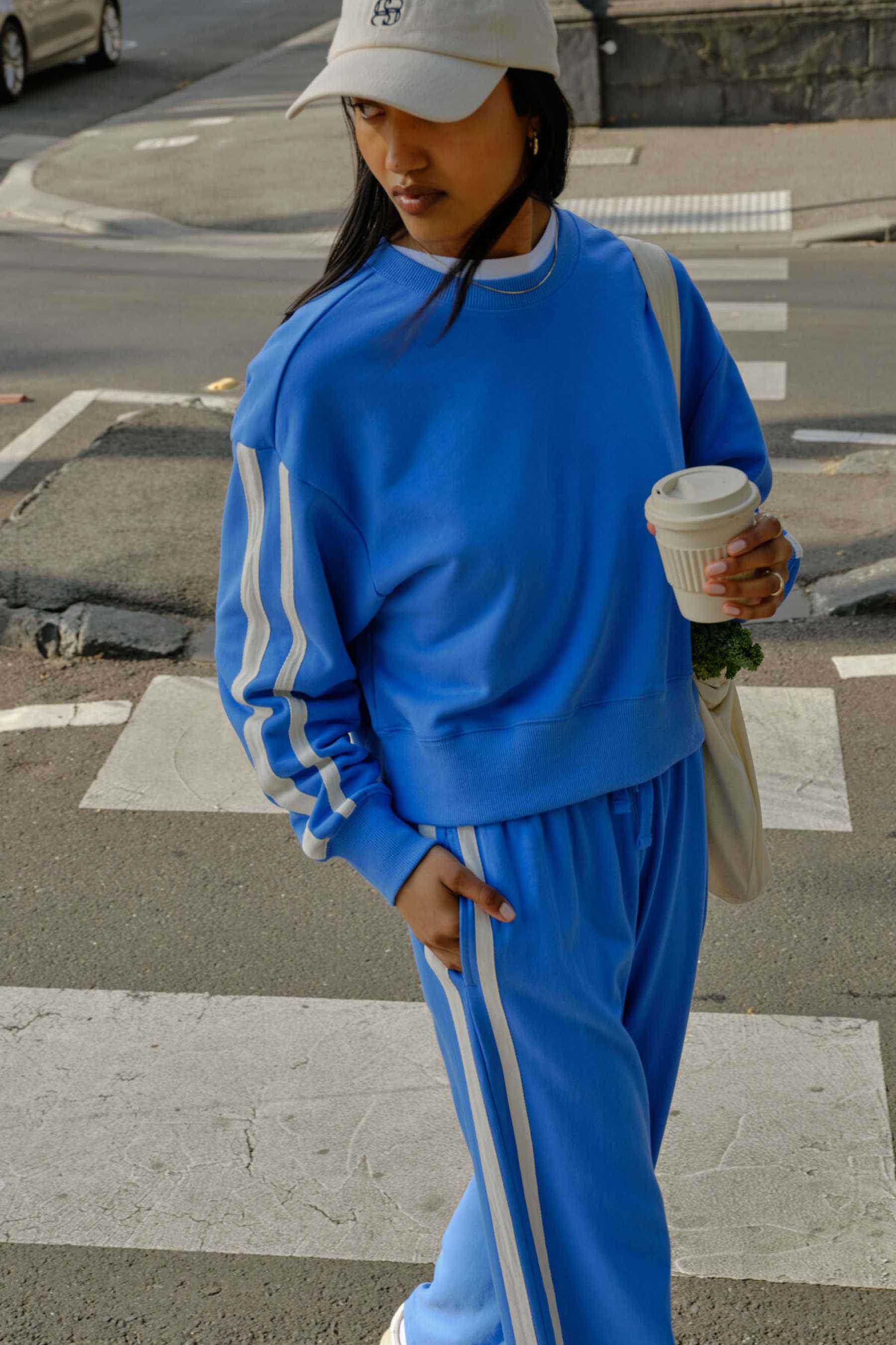 Sasha Sporty Slouchy Crew | Marine Blue Side Stripe