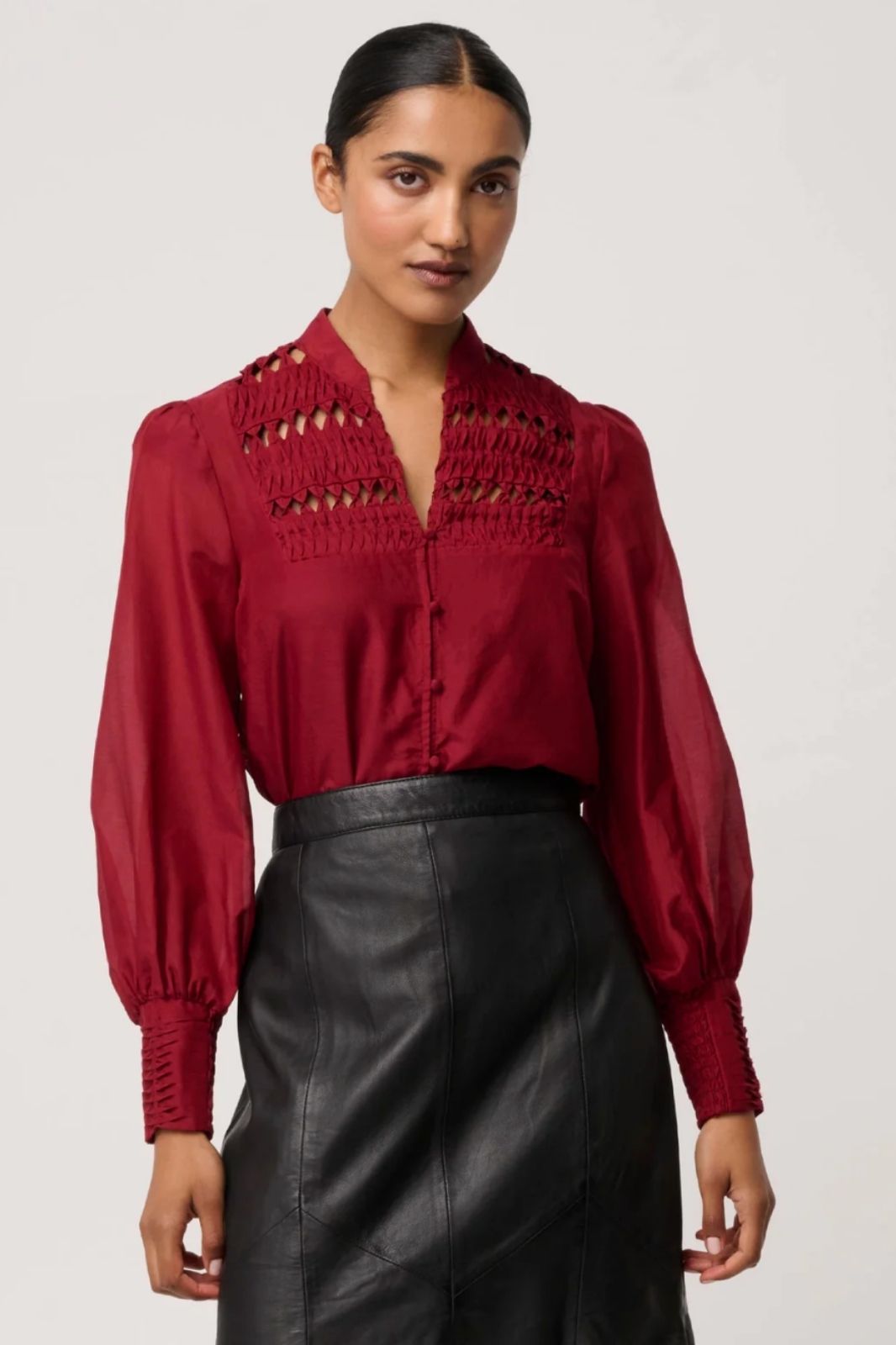 Gillian Cotton Silk Smocked Shirt | Ruby
