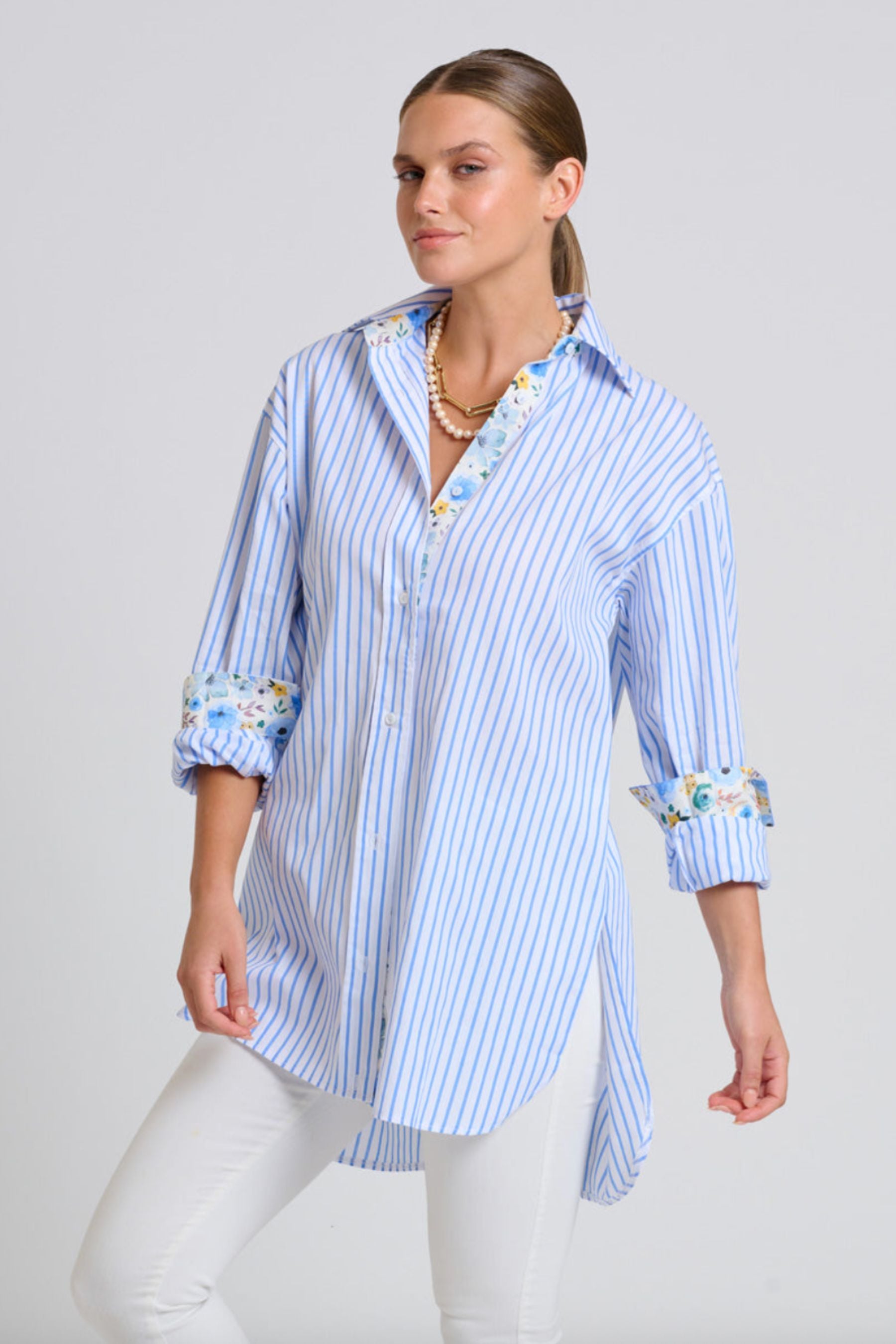 The Boyfriend Shirt | White with Blue Stripe Floral Trim