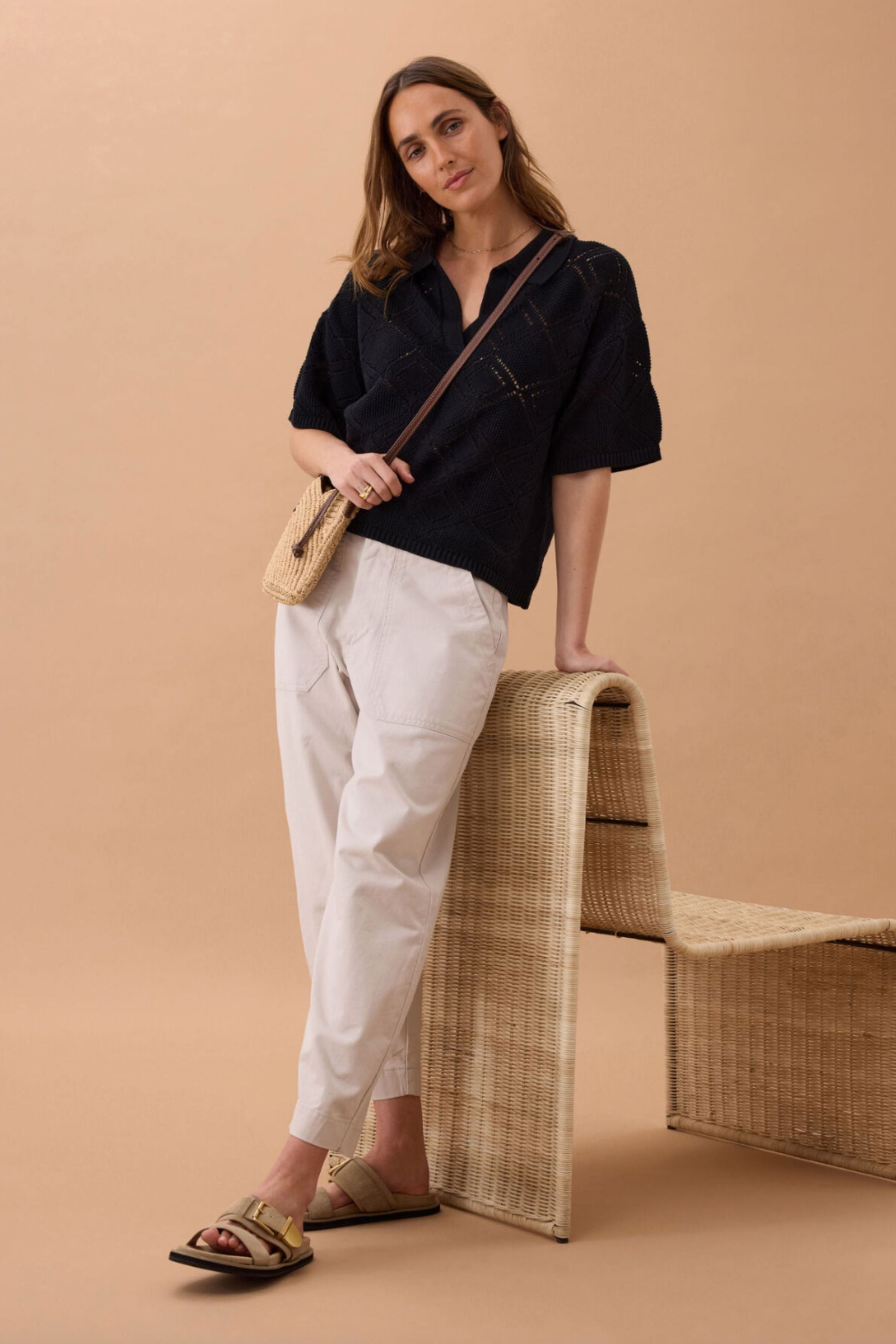 Diamond Knit Collared Tee | Black