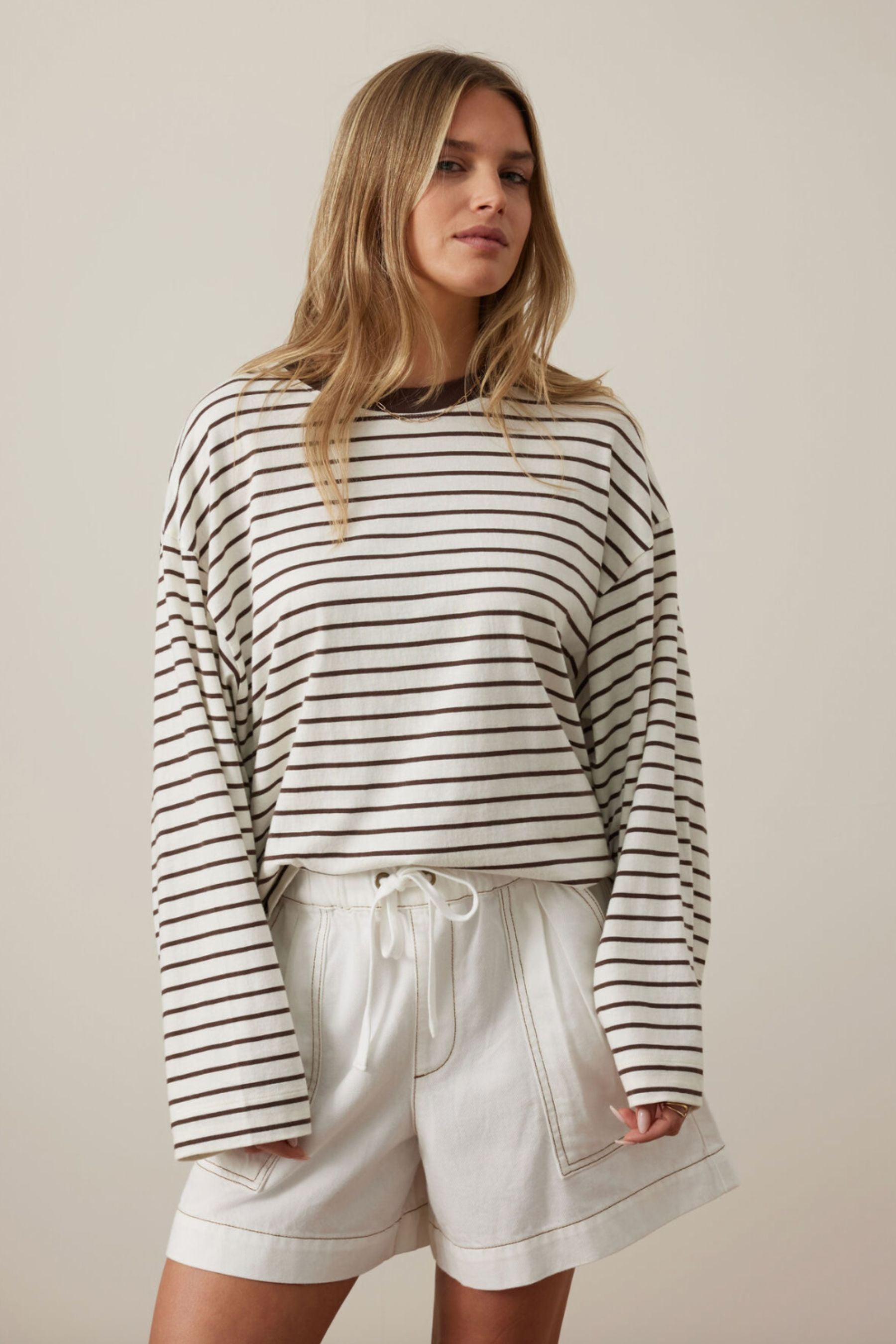 Beau Long Sleeve Slouchy Tee | Milk/Brunette Brown Stripe