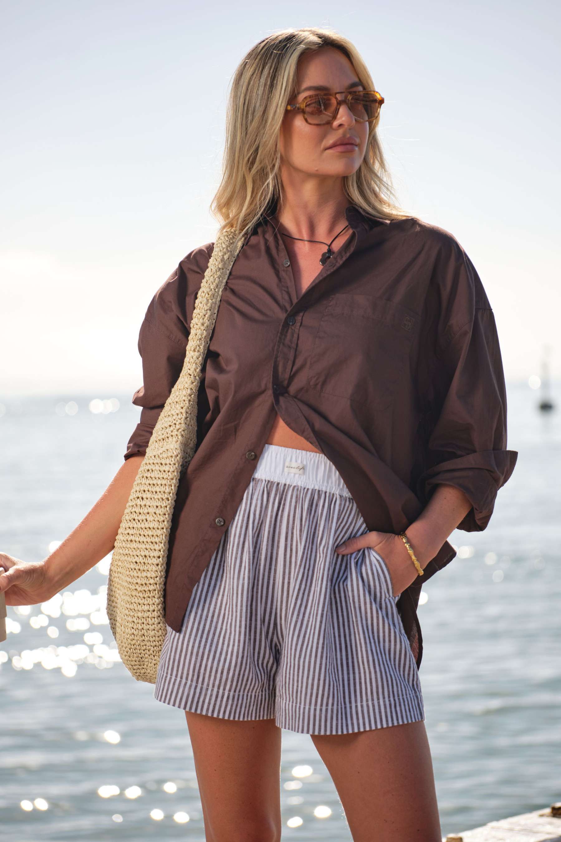 Mila Short | Brown White Small Stripe