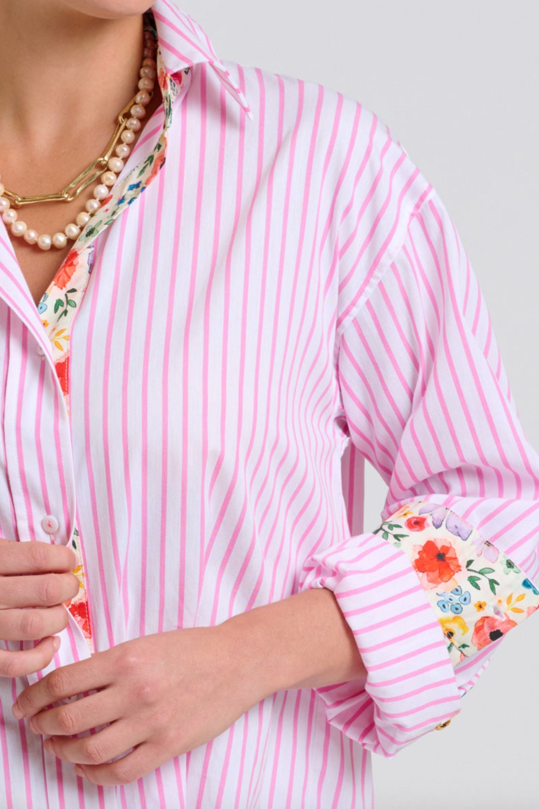 The Boyfriend Shirt | White with Pink Stripe Floral Trim