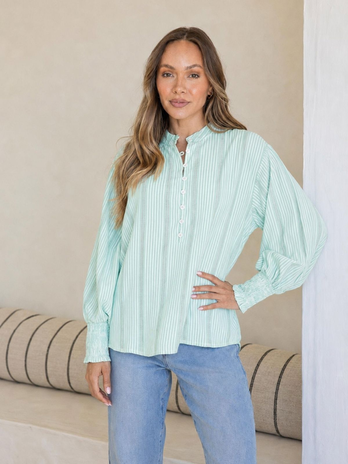 Seersucker Stripe Cotton Shirt | Spearmint