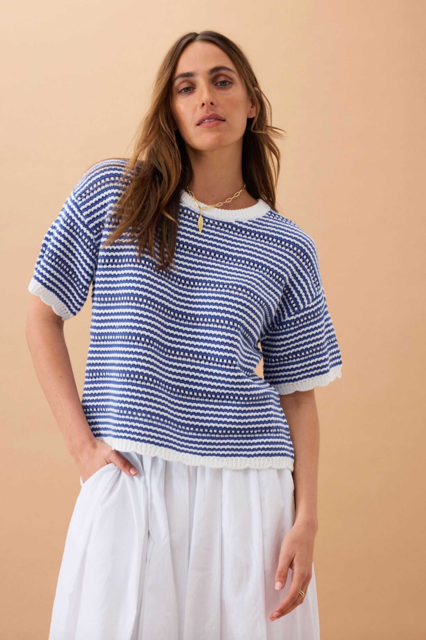 Nina Boxy Knit Tee | Blue Stripe