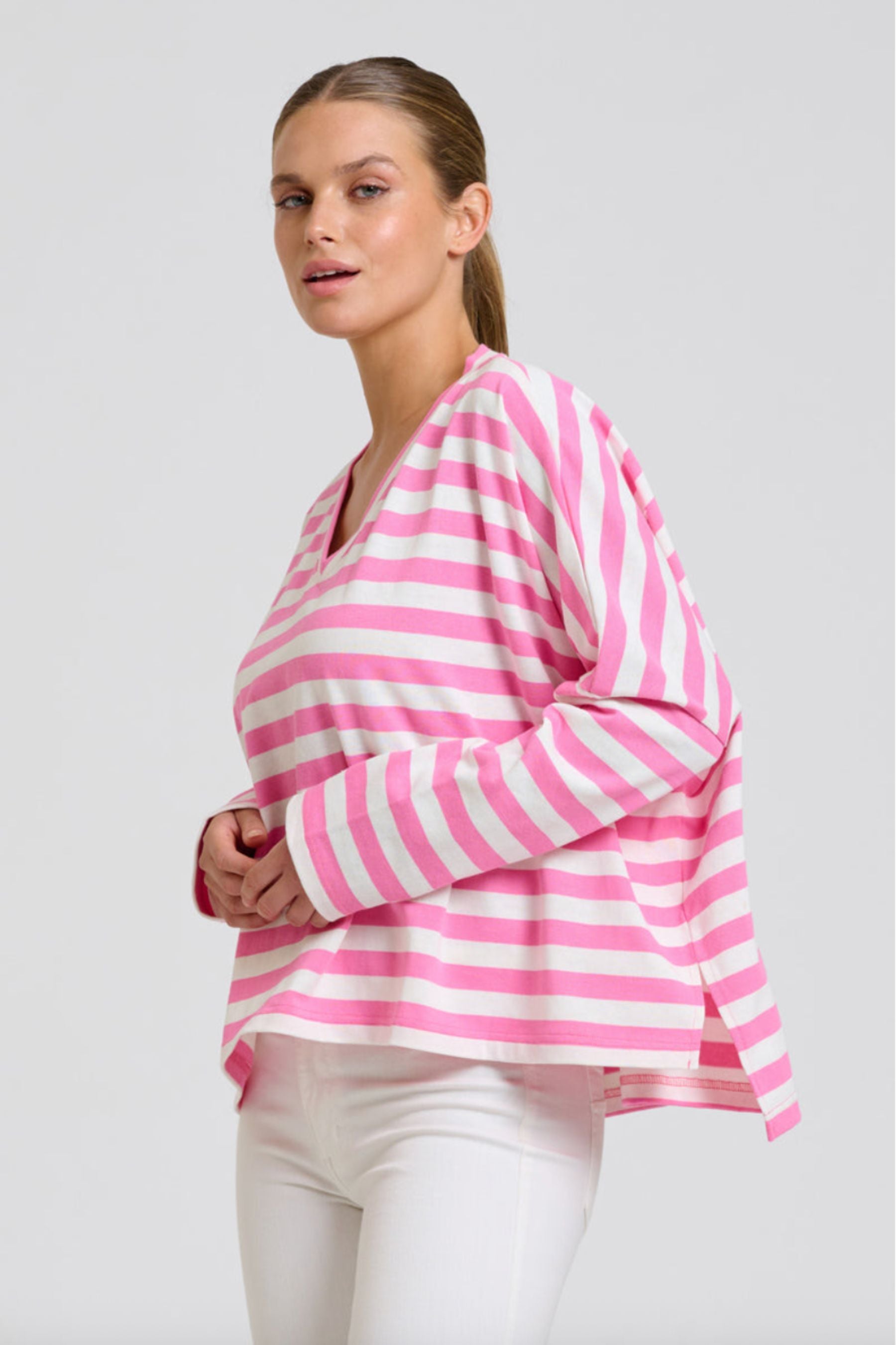 Breton V Neck Top | Pink Stripe
