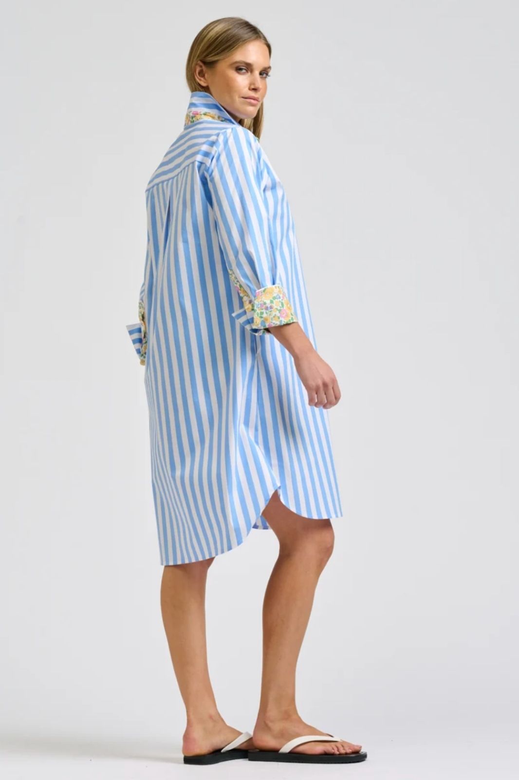Winnie Classic Shirtdress | Pale Blue Stripe Floral Trim