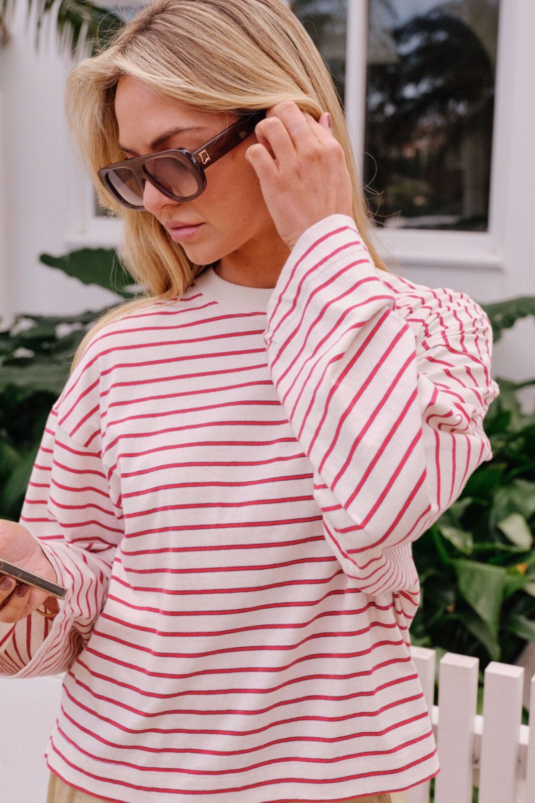 Beau Long Sleeve Slouchy Tee | Buff/Red Stripe