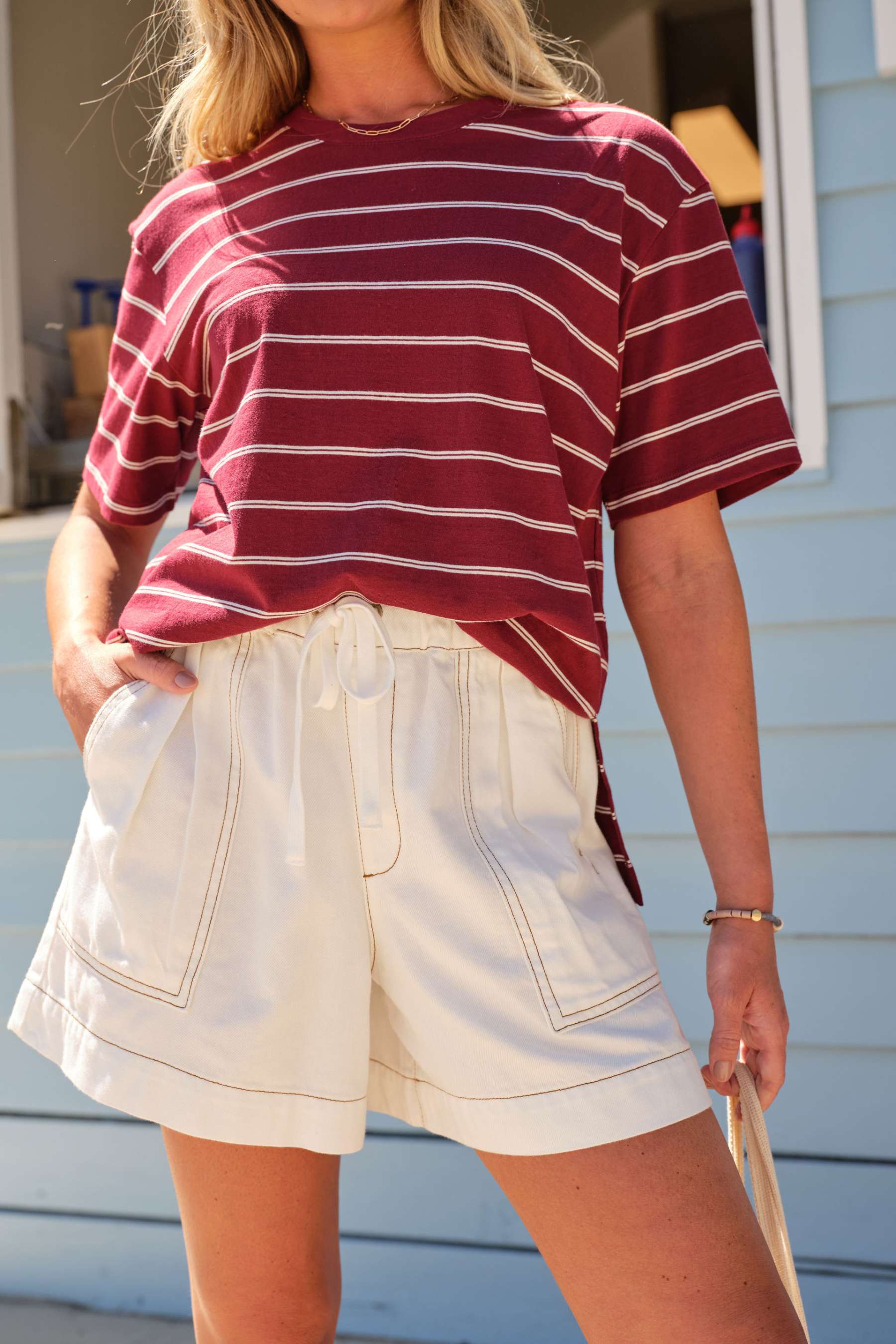 Stevie Slouchy Tee | Burgundy &amp; Milk Stripe