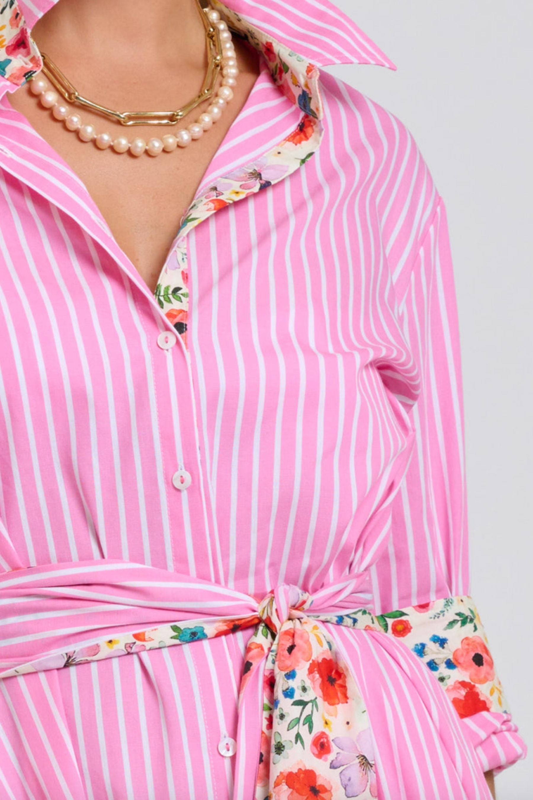 The Luna Longline Shirt Dress | Pink Stripe Floral Trim