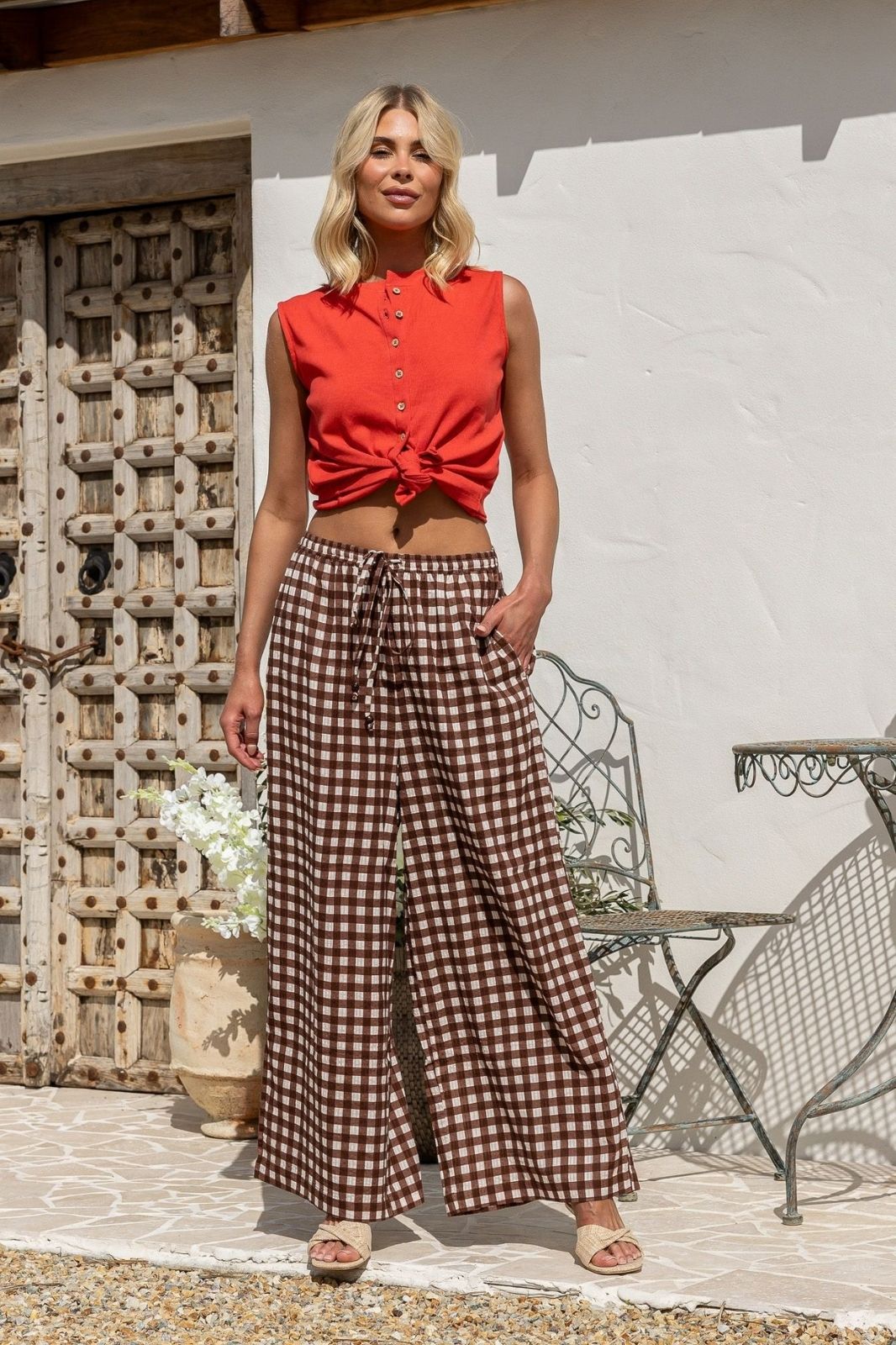 Gingham Drawstring Pant | Chocolate