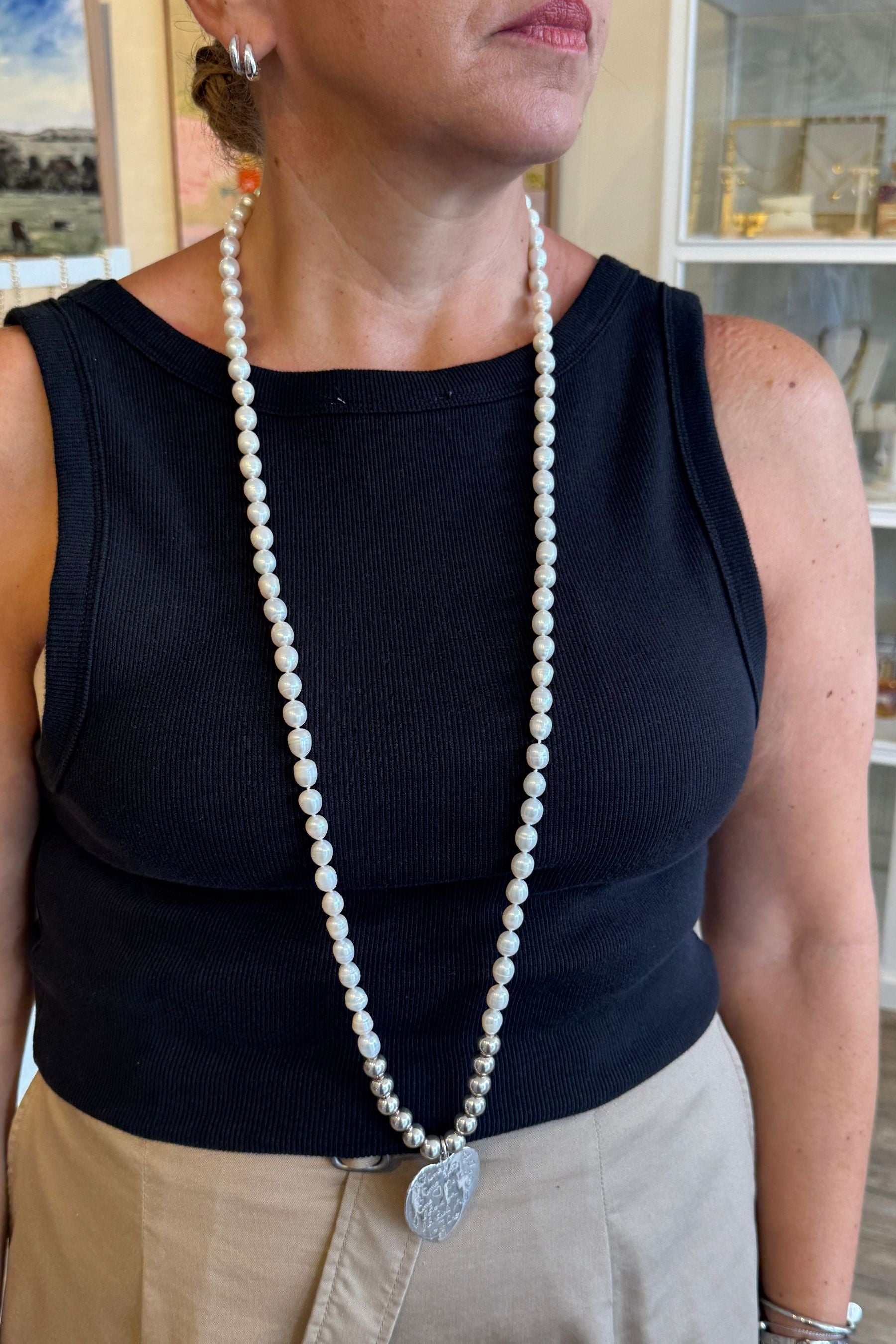 Long Pearl Baroque Necklace with SS J'taime Heart &amp; 10mm SS Balls