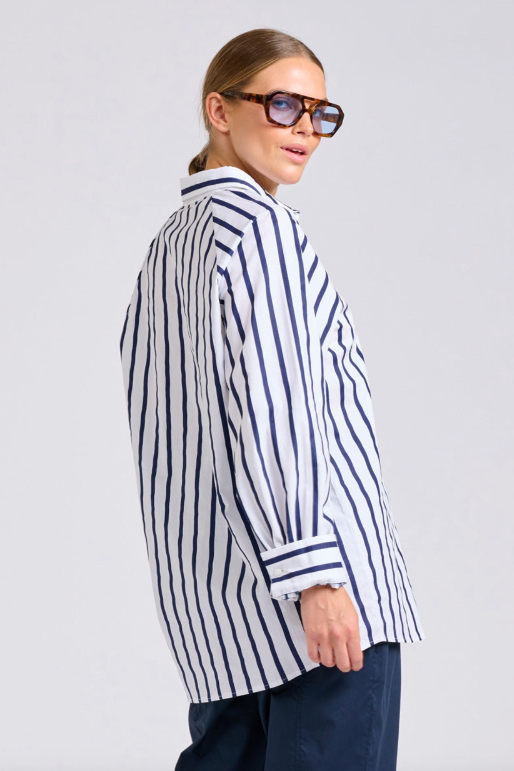 The Gigi Relaxed Shirt | White With Navy Stripe