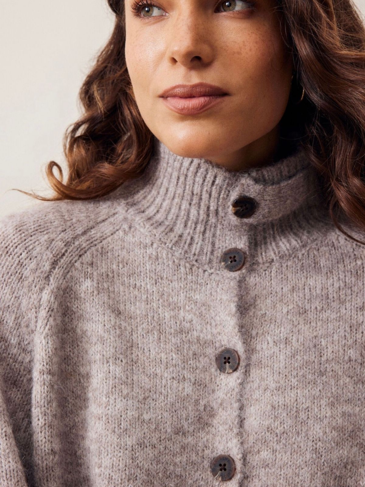 Riley Funnel Neck Tab Cardi | Taupe Marle