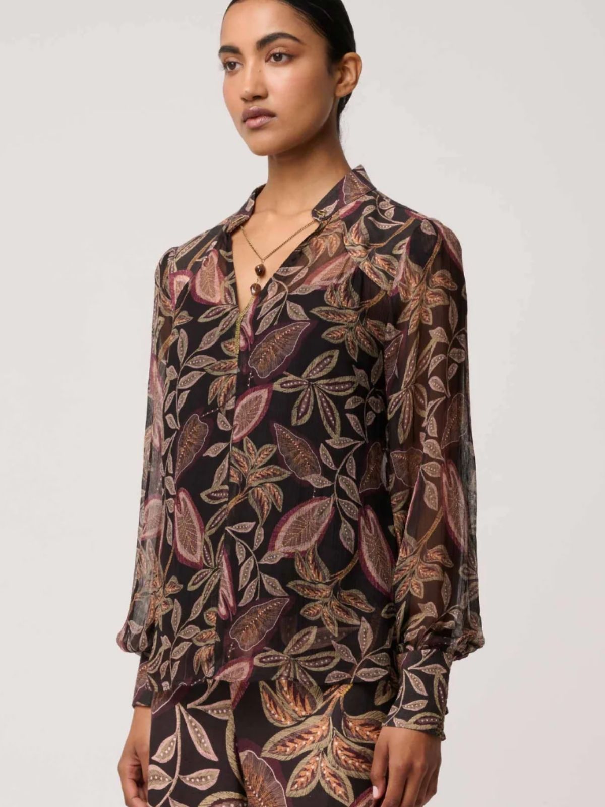 Freya Sheer Viscose Blouse with Embellished Neck Detail | Dark Tropique