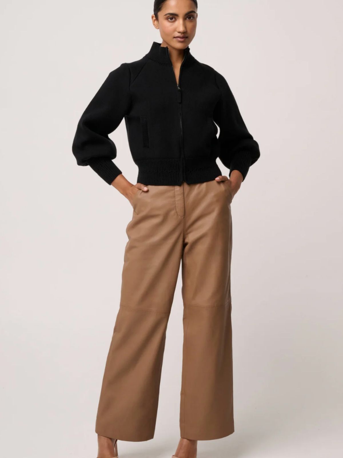 Jeanne Wool Blend Textured Knit Bomber Jacket | Black