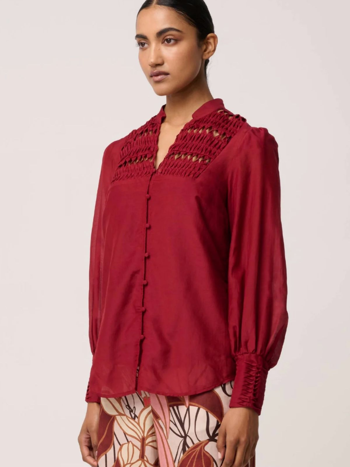 Gillian Cotton Silk Smocked Shirt | Ruby