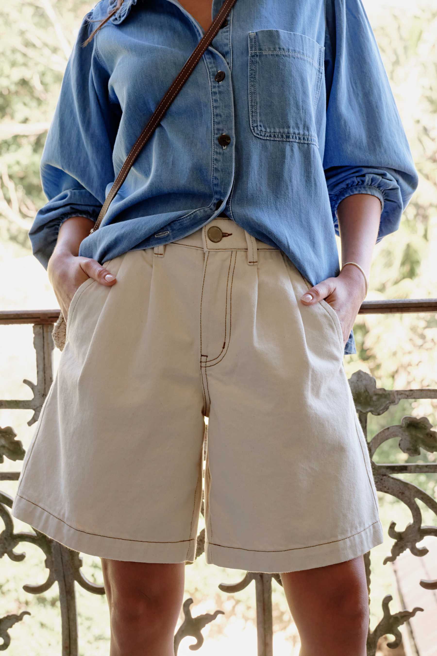 Sylvie Longline Pleat Denim Short | Ecru