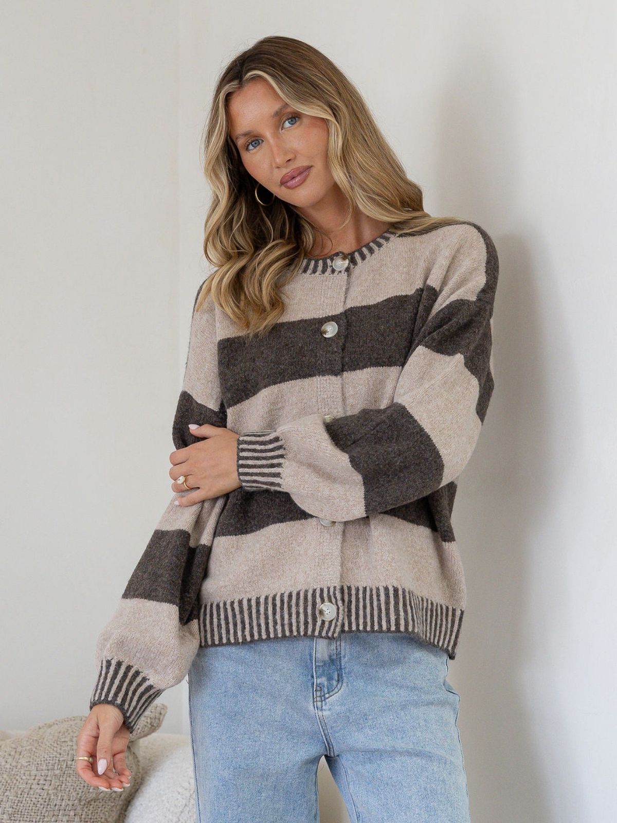 Macie Stripe Blanket Stitch Cardi | Chocolate/Warm Beige