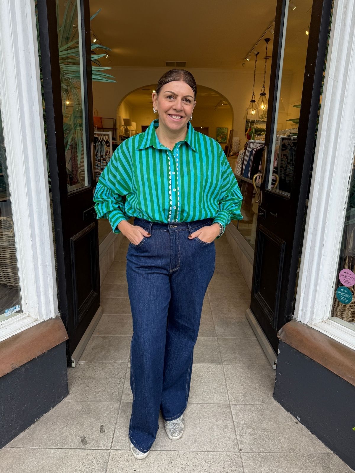 Stripe &amp; Ric Rac Trim Shirt | Green + Blue Stripe