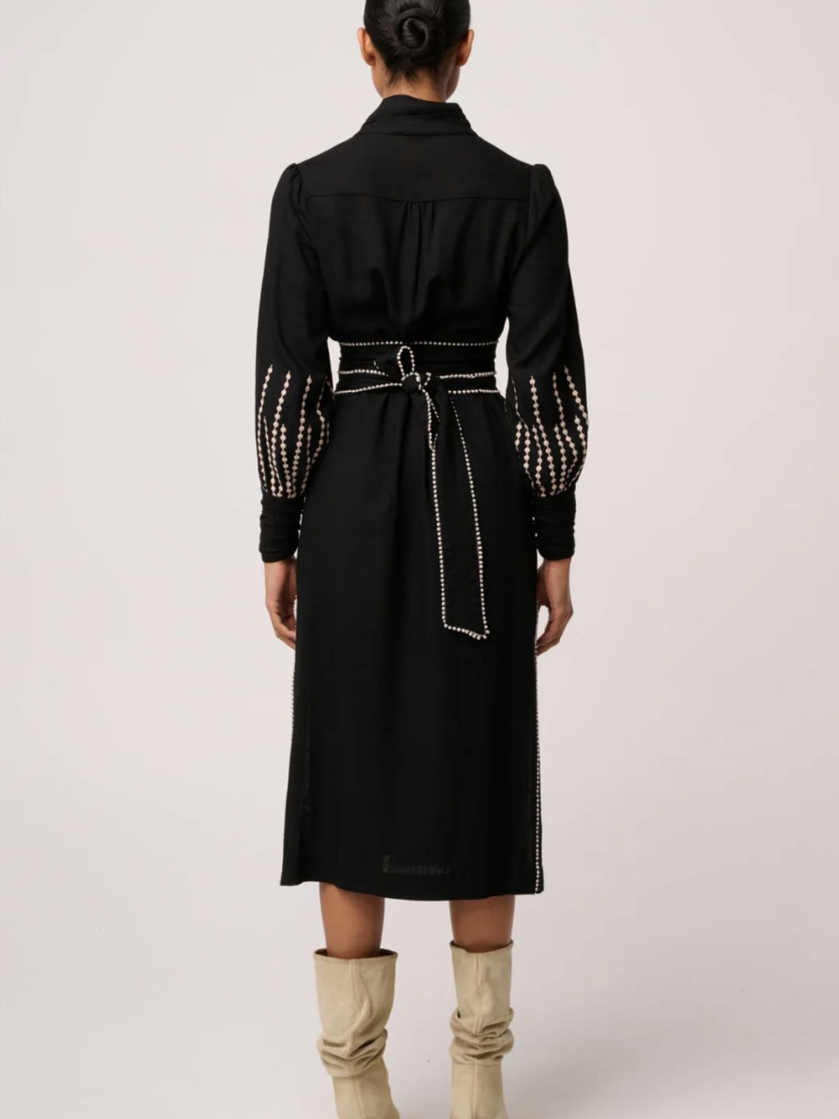 Edith Linen Viscose Embroidered Midi Dress | Black