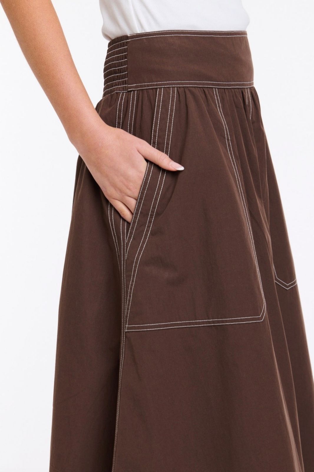 Marion Cotton Skirt | Choc/White Stitching