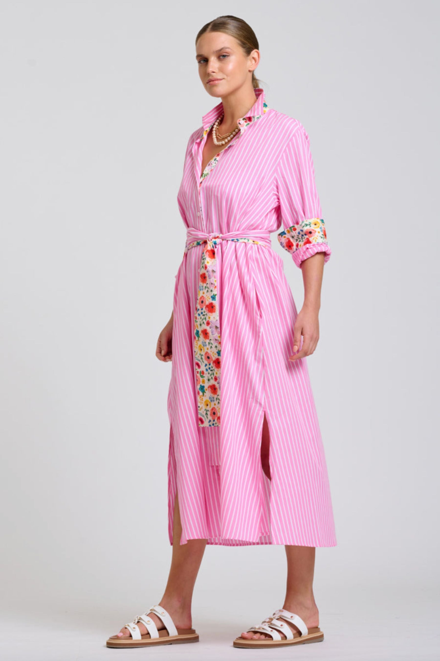 The Luna Longline Shirt Dress | Pink Stripe Floral Trim