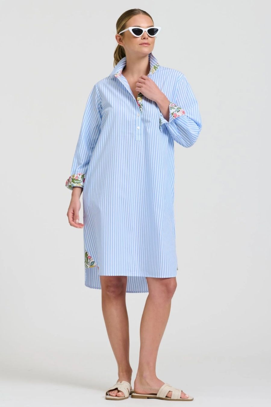 Popover Shirt Dress | Pale Blue Stripe/Floral Trim