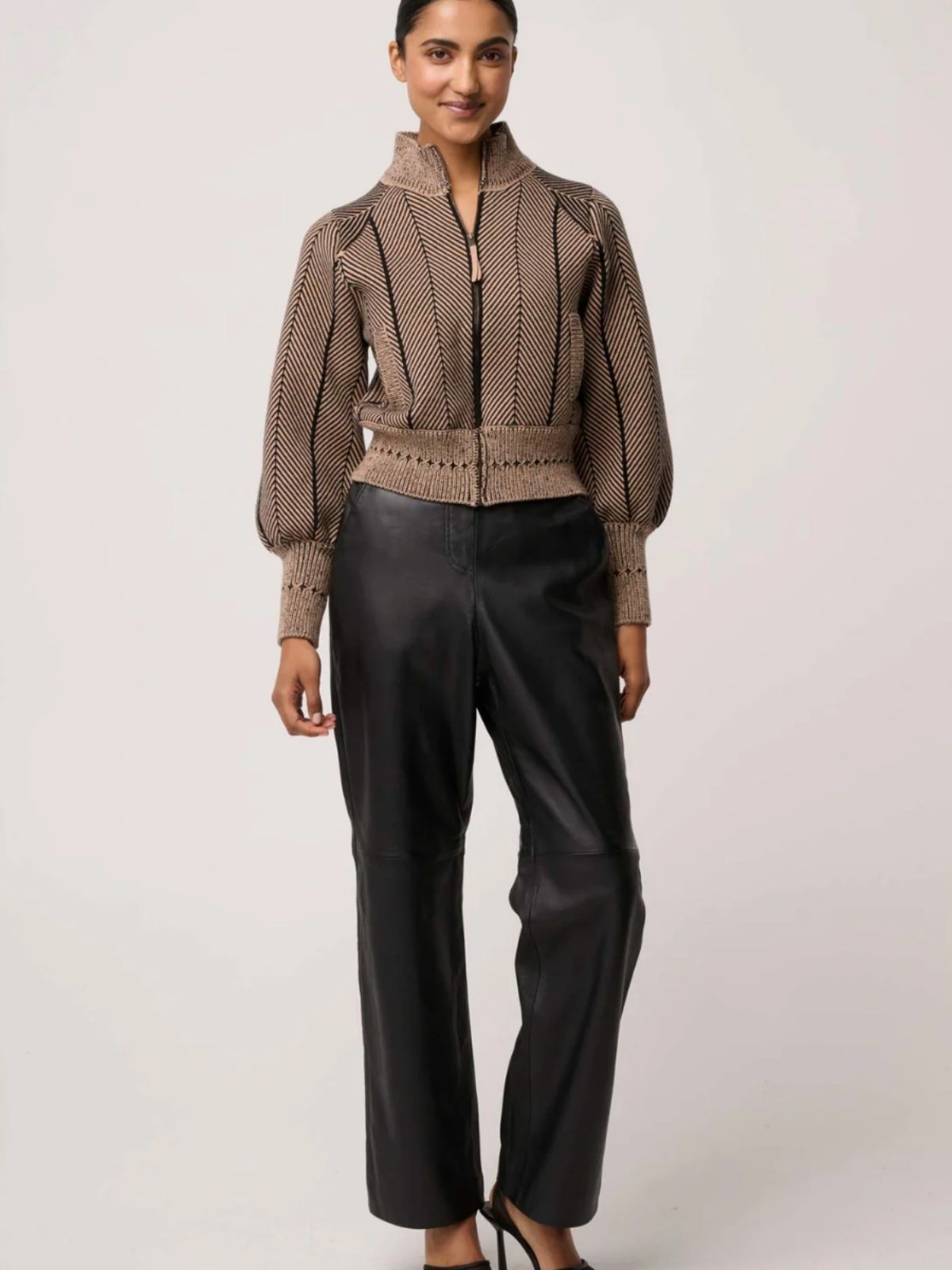 Jeanne Wool Blend Textured Knit Bomber Jacket | Tan Chevron