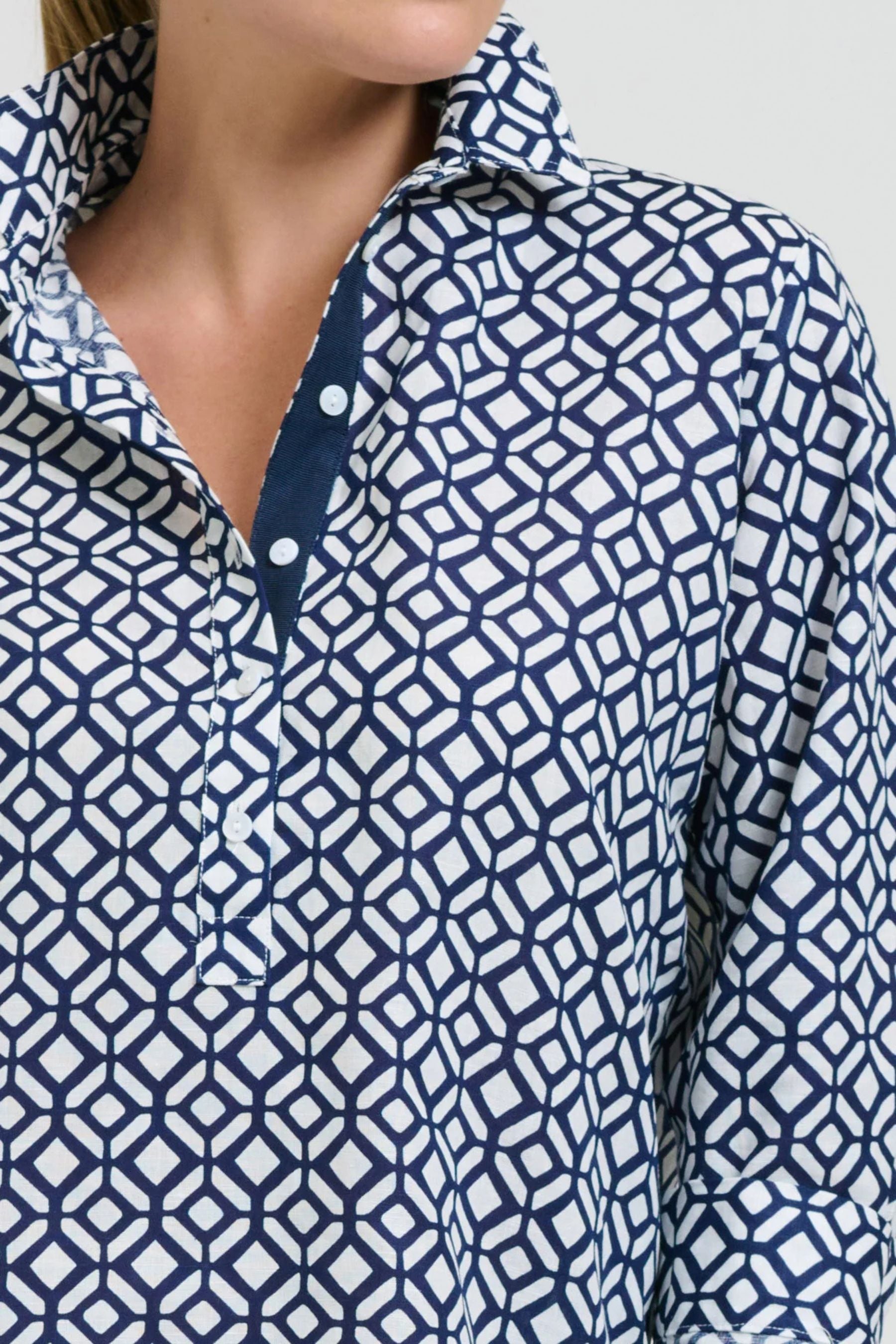Popover Shirt Dress | White With Navy Print